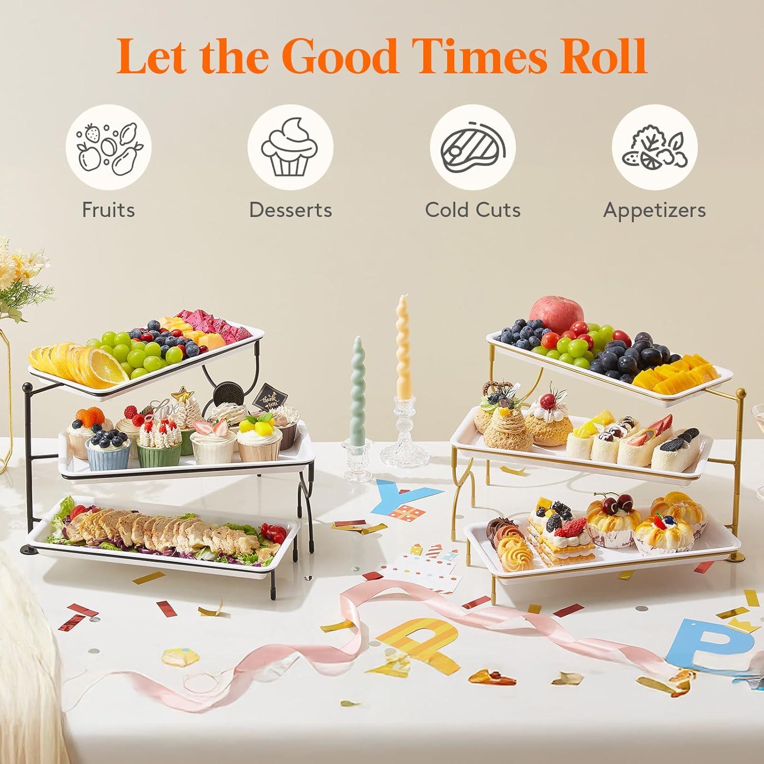 image:imageLifewit 3 Tier Serving Tray for Party 12 x 65 Plastic Tiered Food Serving Platters White Rotatable Tiered Tray Stand with Gold Collapsible Metal Stand Dessert Table Display Set for Buffet14 x 65
