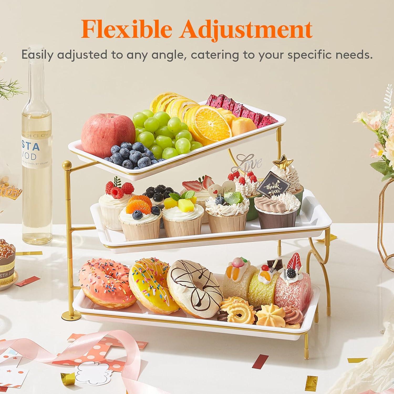 image:imageLifewit 3 Tier Serving Tray for Party 12 x 65 Plastic Tiered Food Serving Platters White Rotatable Tiered Tray Stand with Gold Collapsible Metal Stand Dessert Table Display Set for Buffet14 x 65