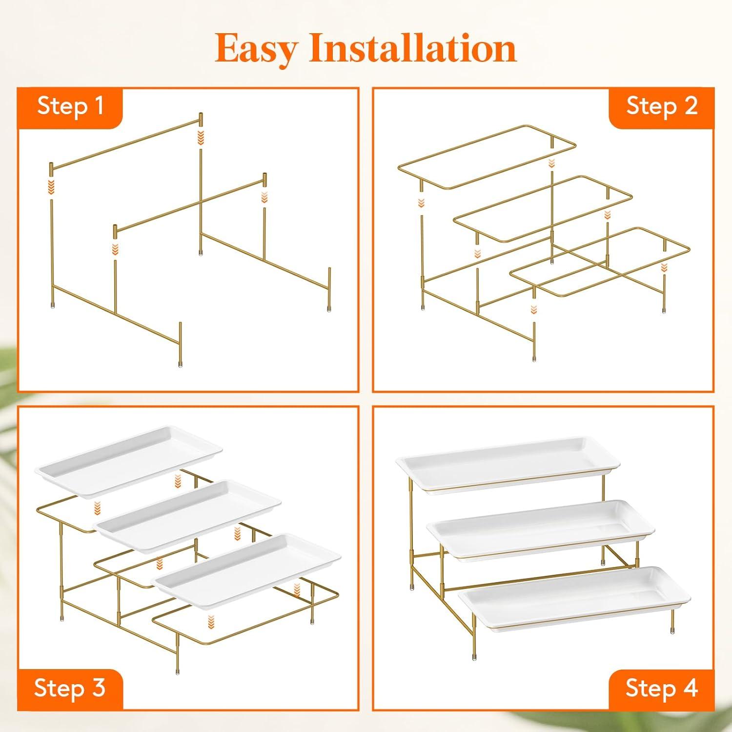 image:imageLifewit 3 Tier Serving Tray for Party 12 x 65 Plastic Tiered Food Serving Platters White Rotatable Tiered Tray Stand with Gold Collapsible Metal Stand Dessert Table Display Set for Buffet14 x 65