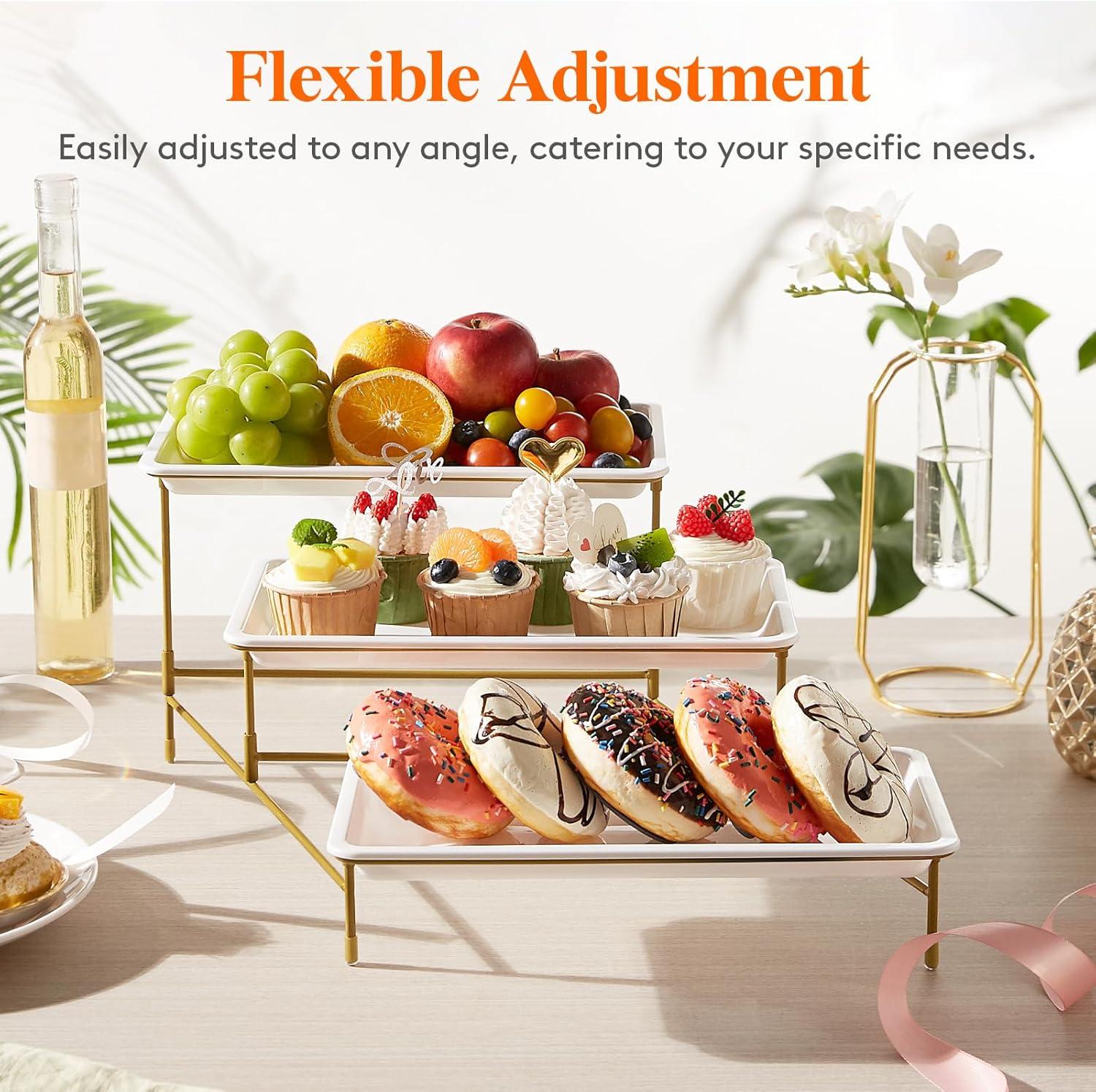 image:imageLifewit 3 Tier Serving Tray for Party 12 x 65 Plastic Tiered Food Serving Platters White Rotatable Tiered Tray Stand with Gold Collapsible Metal Stand Dessert Table Display Set for Buffet12 x 65