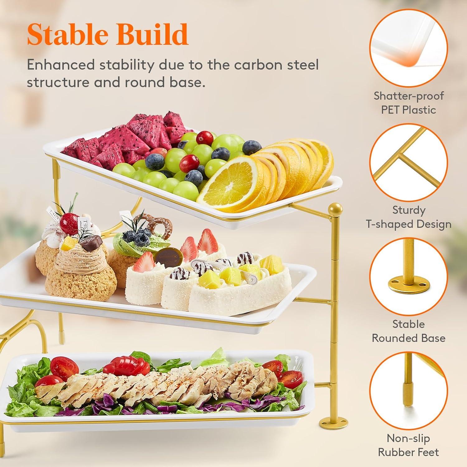 image:imageLifewit 3 Tier Serving Tray for Party 12 x 65 Plastic Tiered Food Serving Platters White Rotatable Tiered Tray Stand with Gold Collapsible Metal Stand Dessert Table Display Set for Buffet12 x 65