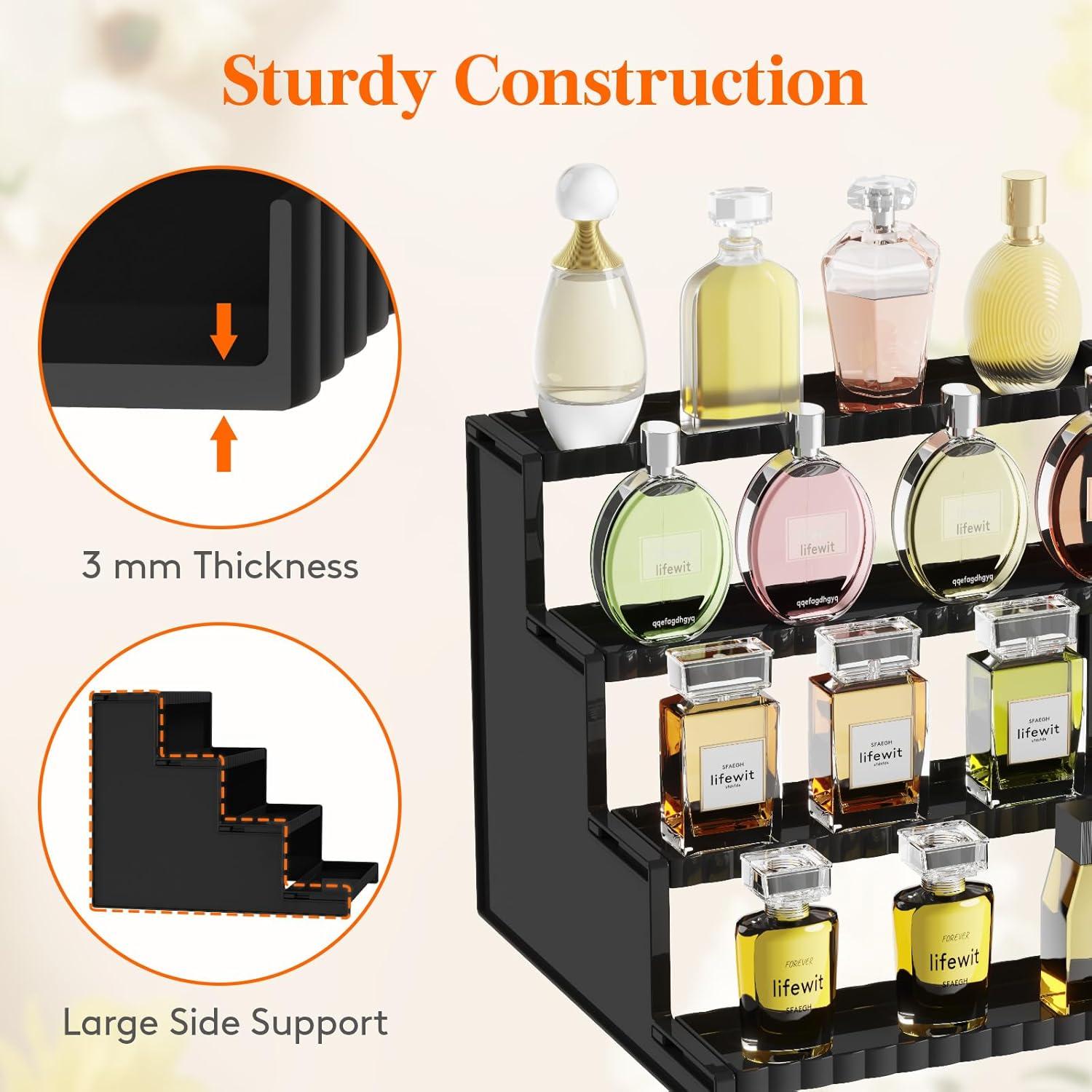 image:imageLifewit 4 Tier Clear Display Riser Stand with Decorative Secure Fences Toolfree Assembly Plastic 12 Inch Perfume Organizer Display for Figures Cupcake Dessert 1packBlack