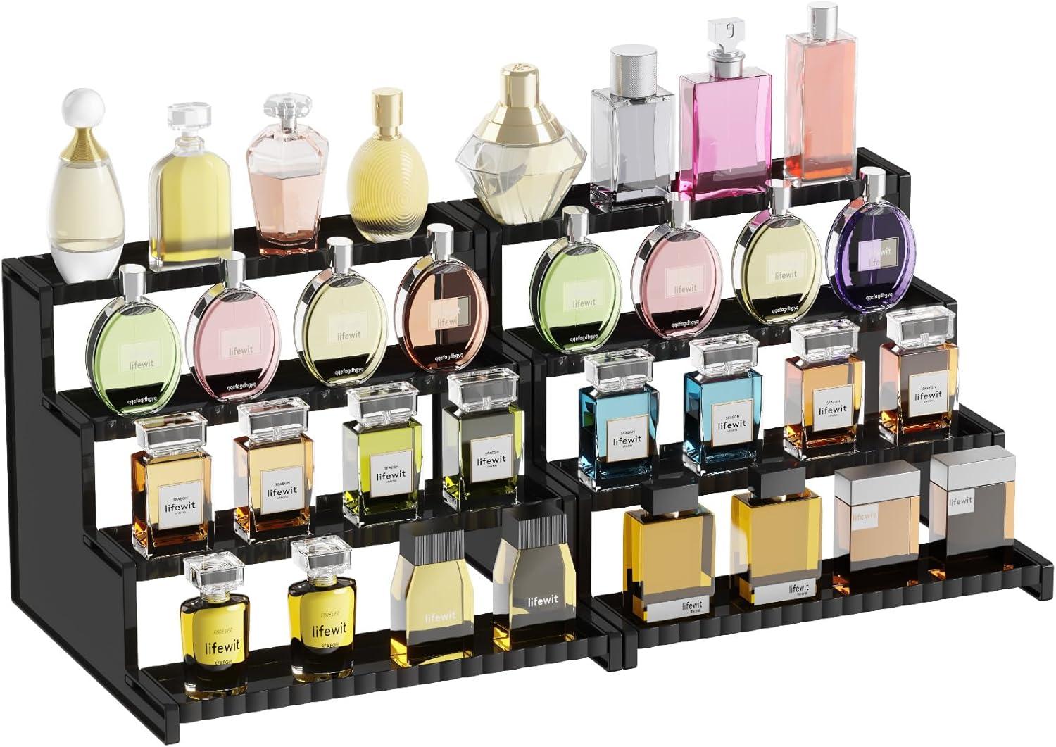 image:imageLifewit 4 Tier Clear Display Riser Stand with Decorative Secure Fences Toolfree Assembly Plastic 12 Inch Perfume Organizer Display for Figures Cupcake Dessert 1packBlack