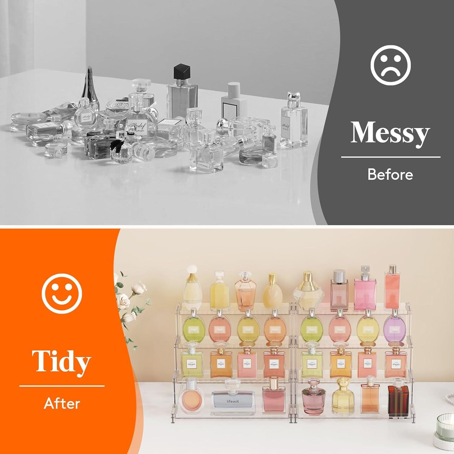 image:imageLifewit 4 Tier Clear Display Riser Stand with Decorative Secure Fences Toolfree Assembly Plastic 12 Inch Perfume Organizer Display for Figures Cupcake Dessert 1packTransparent