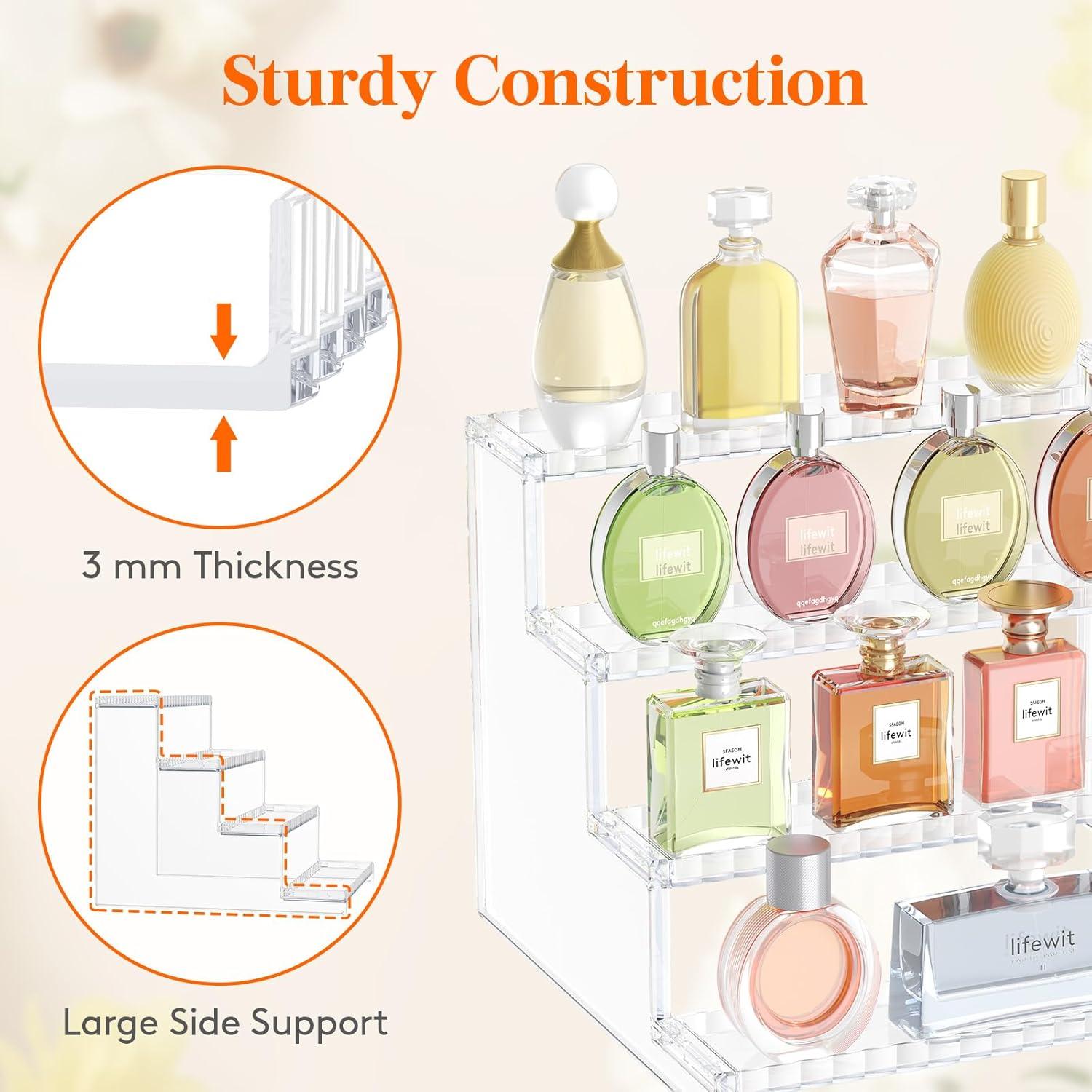 image:imageLifewit 4 Tier Clear Display Riser Stand with Decorative Secure Fences Toolfree Assembly Plastic 12 Inch Perfume Organizer Display for Figures Cupcake Dessert 1packTransparent