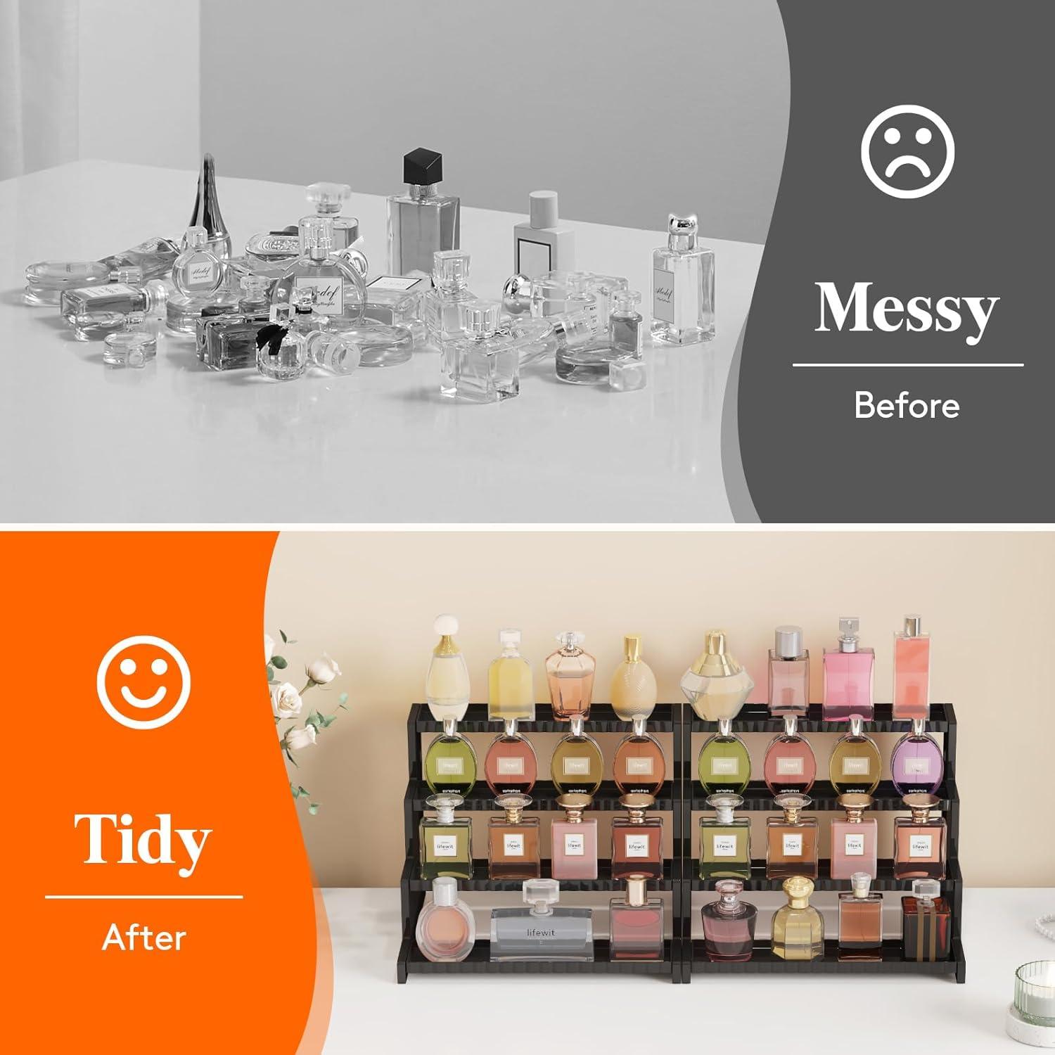 image:imageLifewit 4 Tier Clear Display Riser Stand with Decorative Secure Fences Toolfree Assembly Plastic 12 Inch Perfume Organizer Display for Figures Cupcake Dessert 1packBlack