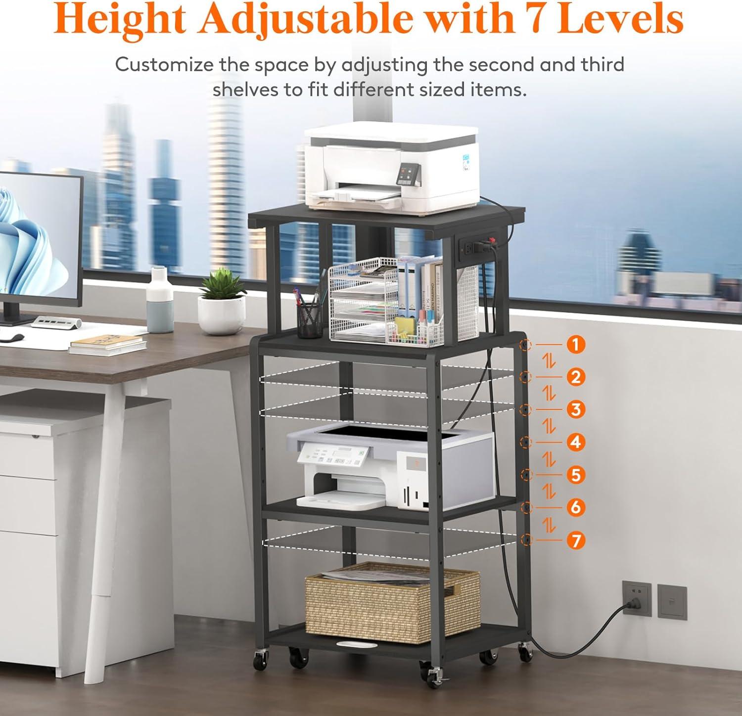 image:imageLifewit 4 Tier Printer Stand with 3 Power Outlets Wheels and Adjustable Storage Shelf for Home Office Rolling Printer Cart for Shredder Scanner Fax Hold 340lbs Rustic BrownBlack