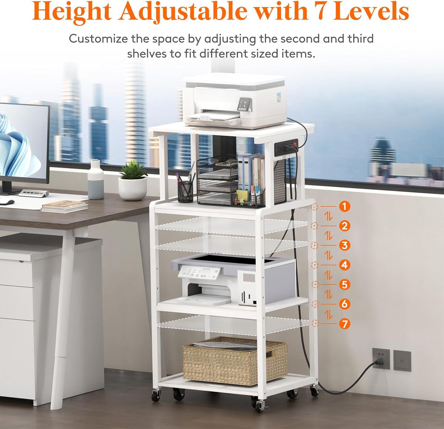image:imageLifewit 4 Tier Printer Stand with 3 Power Outlets Wheels and Adjustable Storage Shelf for Home Office Rolling Printer Cart for Shredder Scanner Fax Hold 340lbs Rustic BrownWhite
