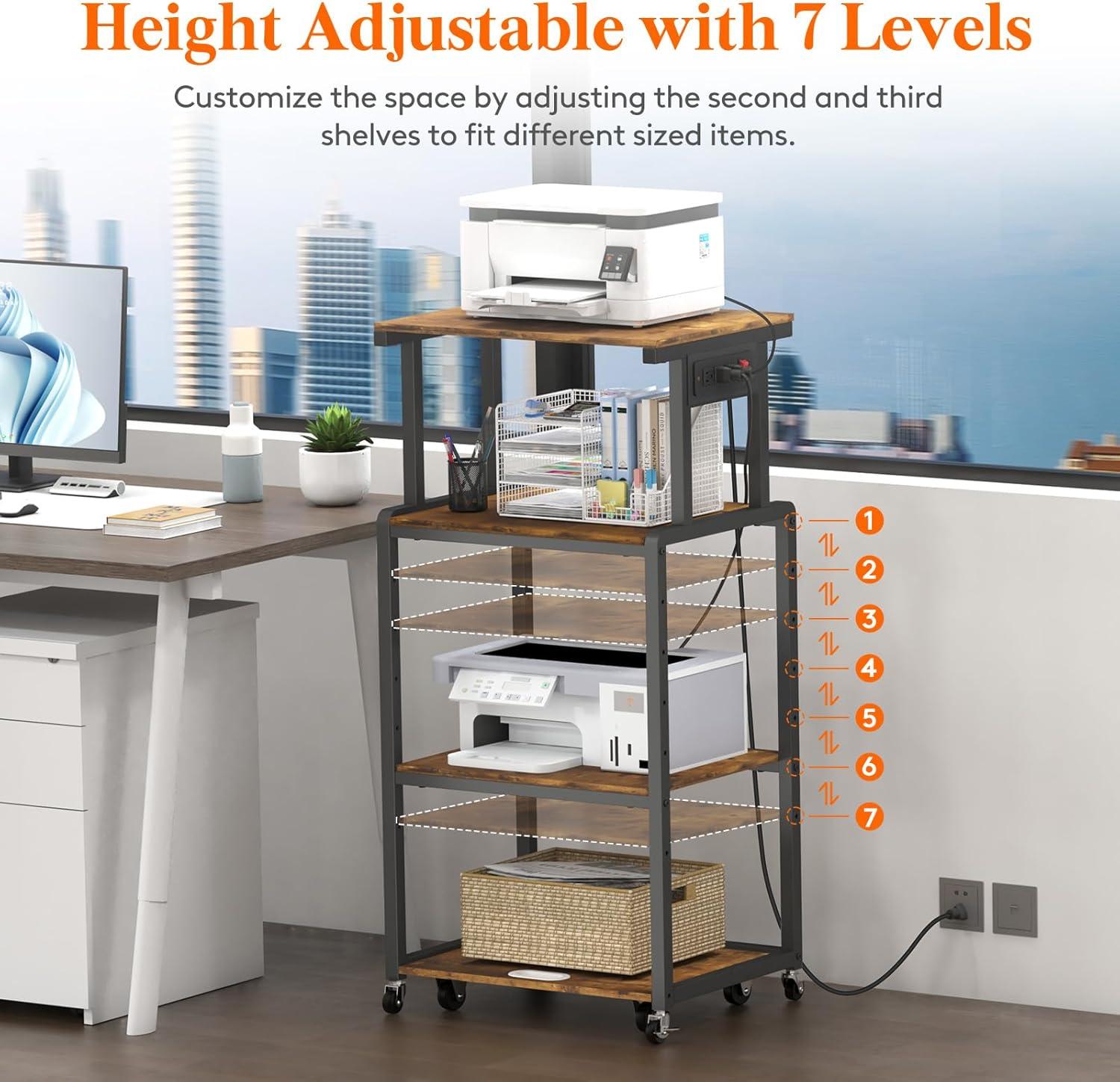 image:imageLifewit 4 Tier Printer Stand with 3 Power Outlets Wheels and Adjustable Storage Shelf for Home Office Rolling Printer Cart for Shredder Scanner Fax Hold 340lbs Rustic BrownRustic Brown