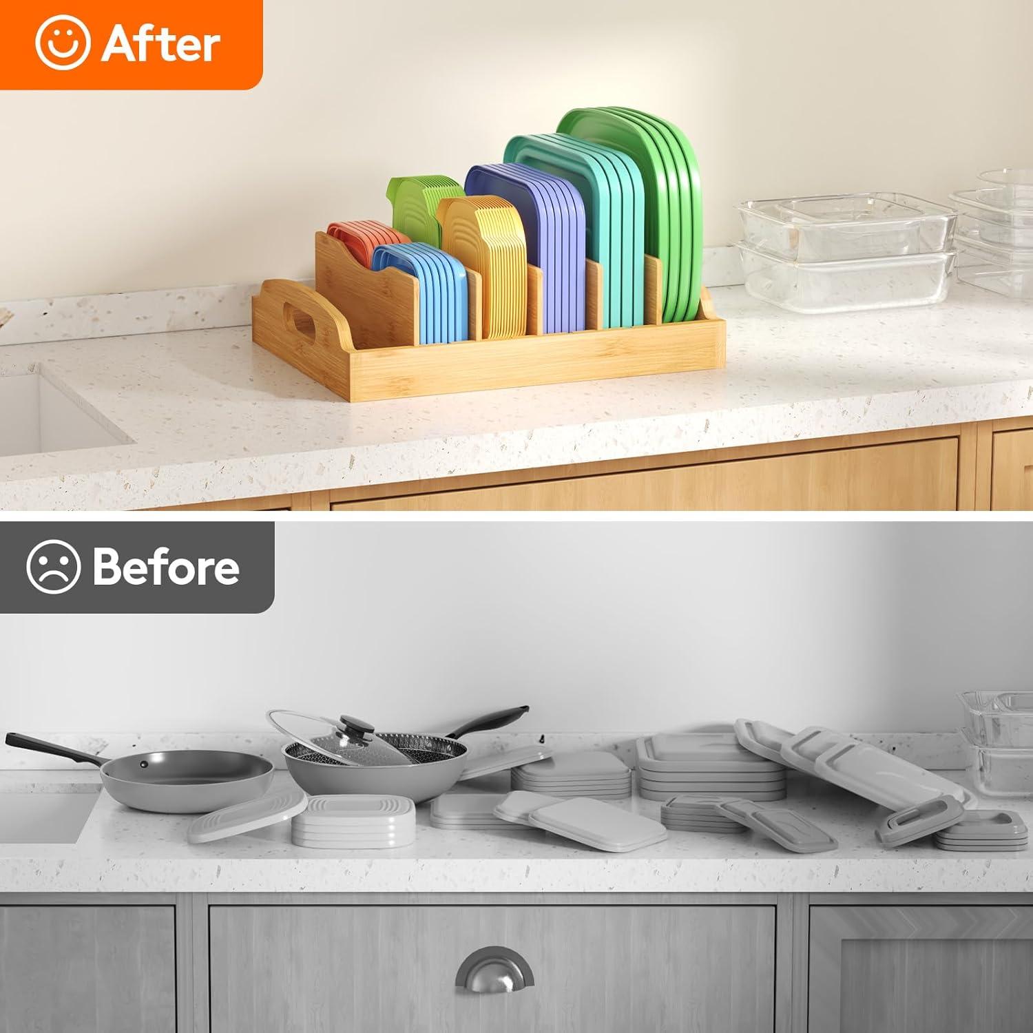 image:imageLifewit Bamboo Lid Organizers for Inside Cabinet Food Storage Container Lid Holder with 4 adjustable Inserts amp 5 Compartments Lid Storage for Kitchen Pantry Organization 106 X 83Large132 x 10
