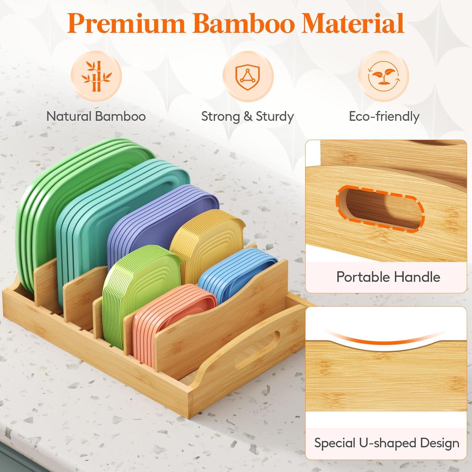 image:imageLifewit Bamboo Lid Organizers for Inside Cabinet Food Storage Container Lid Holder with 4 adjustable Inserts amp 5 Compartments Lid Storage for Kitchen Pantry Organization 106 X 83Large132 x 10