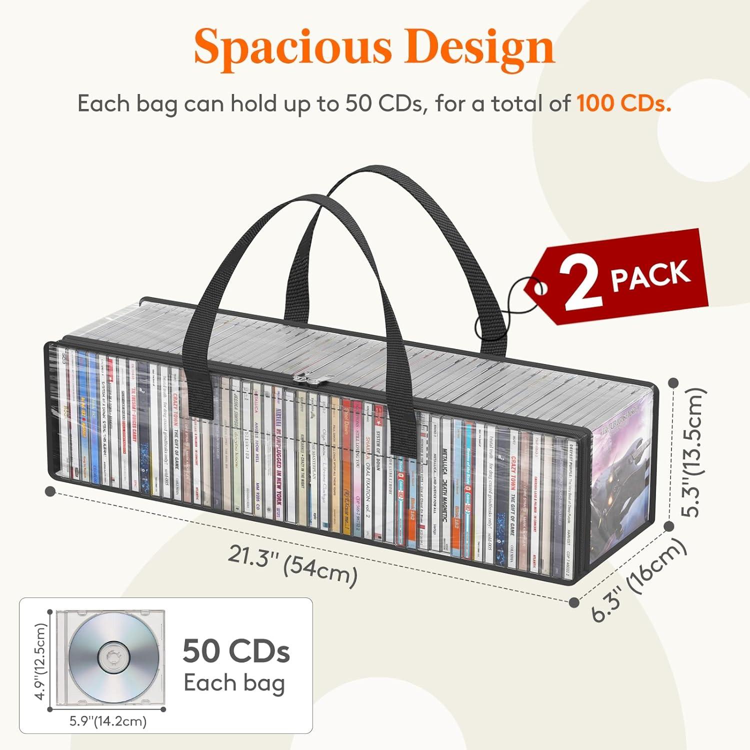 image:imageLifewit CD Storage Bags Clear PVC Plastic CD Case Holder with Handles Front Window Zipper Design Stackable Media Organizer Box for Albums Hold up to 100 Pcs CDs 50 Each 2 Pack2