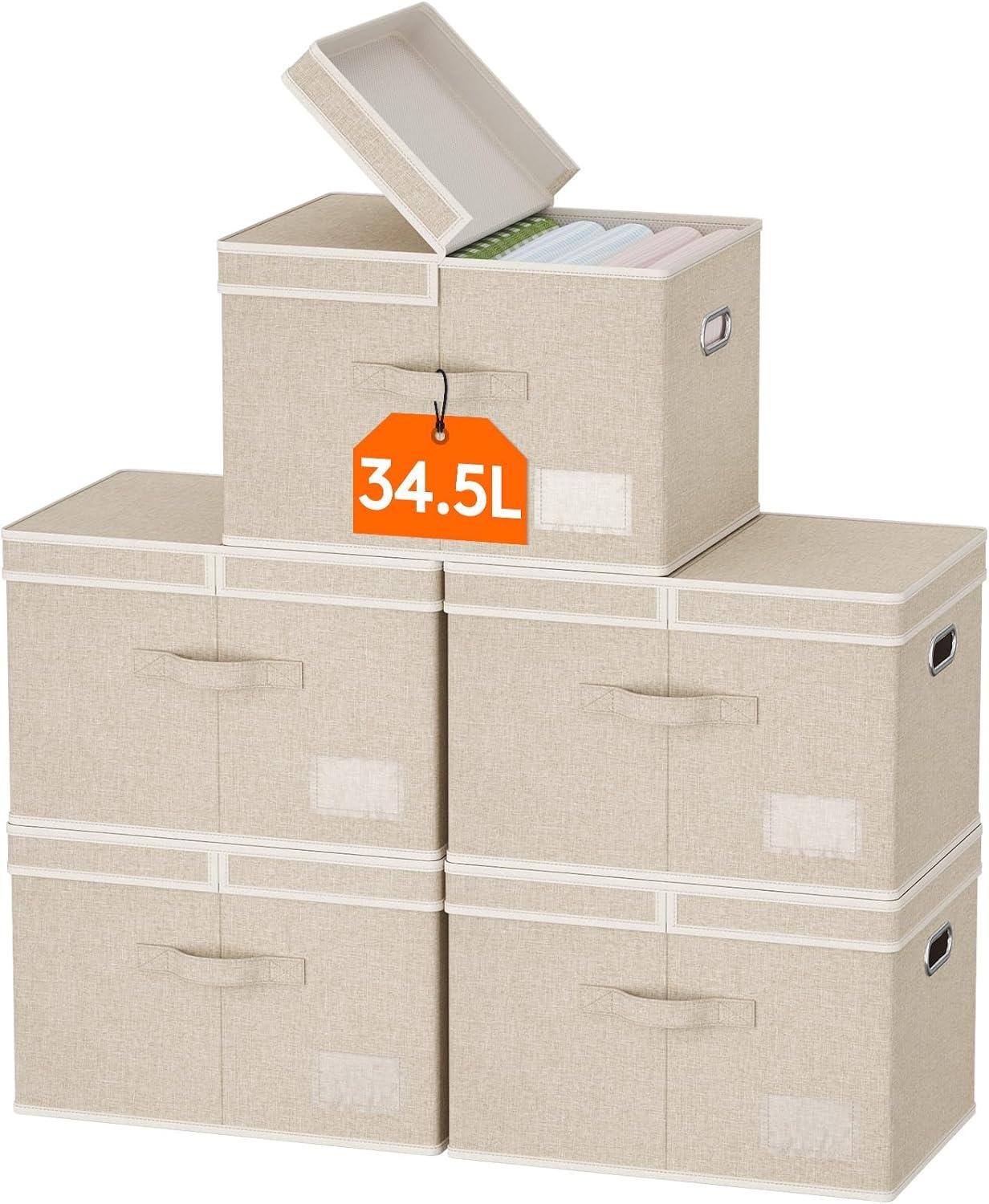 image:imageLifewit Clothes Storage Bins with Lids Fabric Foldable Storage Boxes with Handles Decorative Closet Organizer Stackable Cube Baskets Container for Bedroom Office 345L Large Beige 2 Packs5