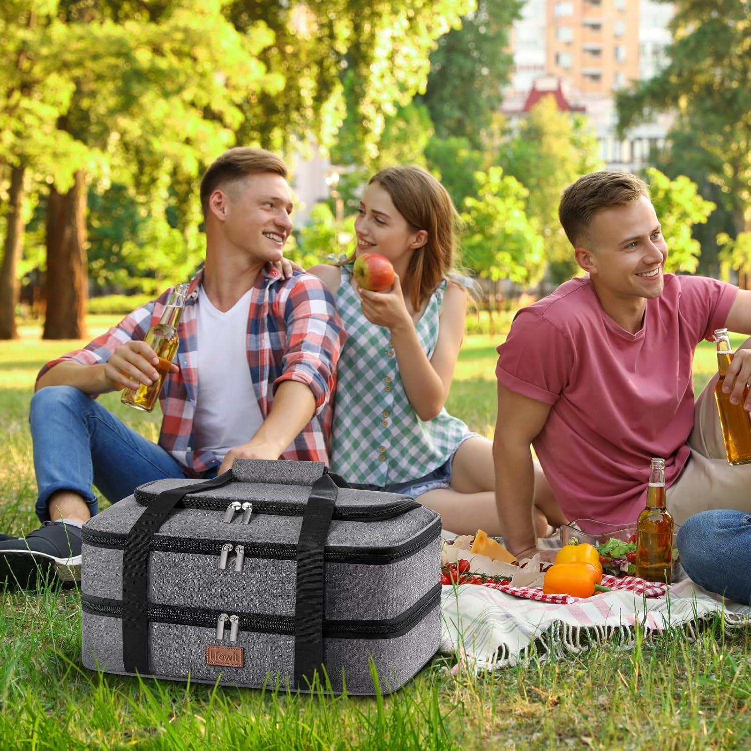 image:imageLifewit Double Decker Casserole Carrier for Hot and Cold Food Insulated Casserole Dish Carrier Carrying Case with Tool Room Thermal Bag for Potluck Parties Cookouts Fits 913 Baking Dish GrayGray