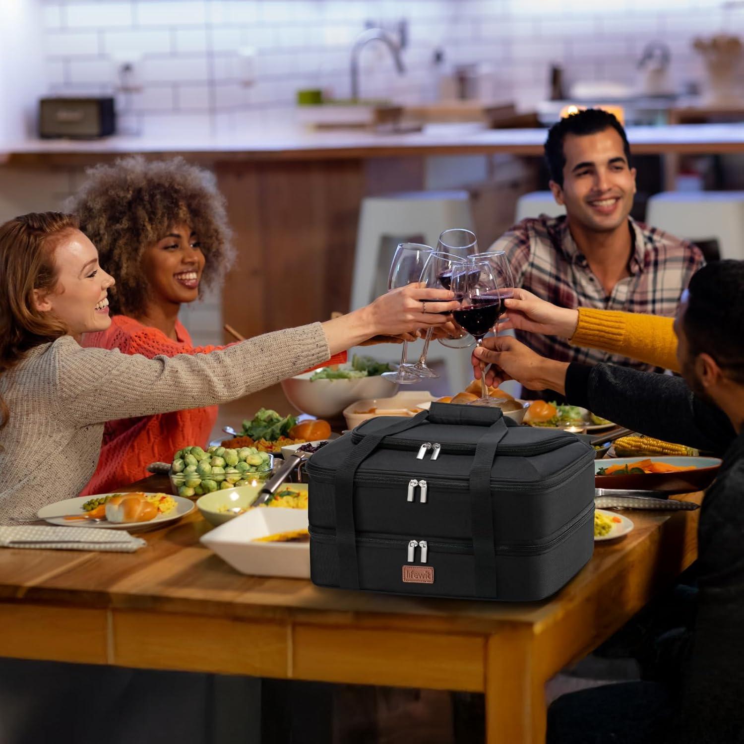 image:imageLifewit Double Decker Casserole Carrier for Hot and Cold Food Insulated Casserole Dish Carrier Carrying Case with Tool Room Thermal Bag for Potluck Parties Cookouts Fits 913 Baking Dish GrayBlack
