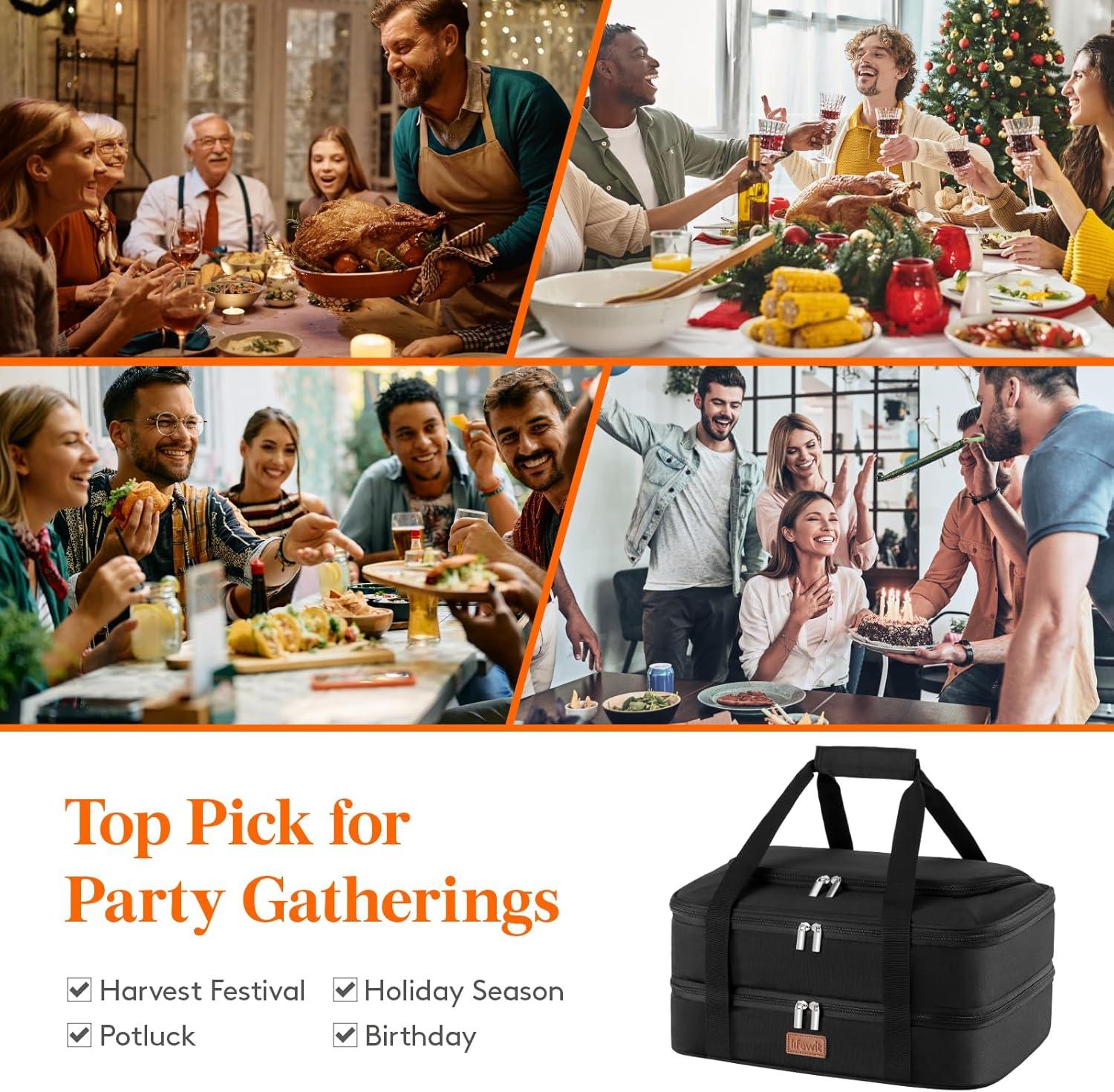 image:imageLifewit Double Decker Casserole Carrier for Hot and Cold Food Insulated Casserole Dish Carrier Carrying Case with Tool Room Thermal Bag for Potluck Parties Cookouts Fits 913 Baking Dish GrayBlack
