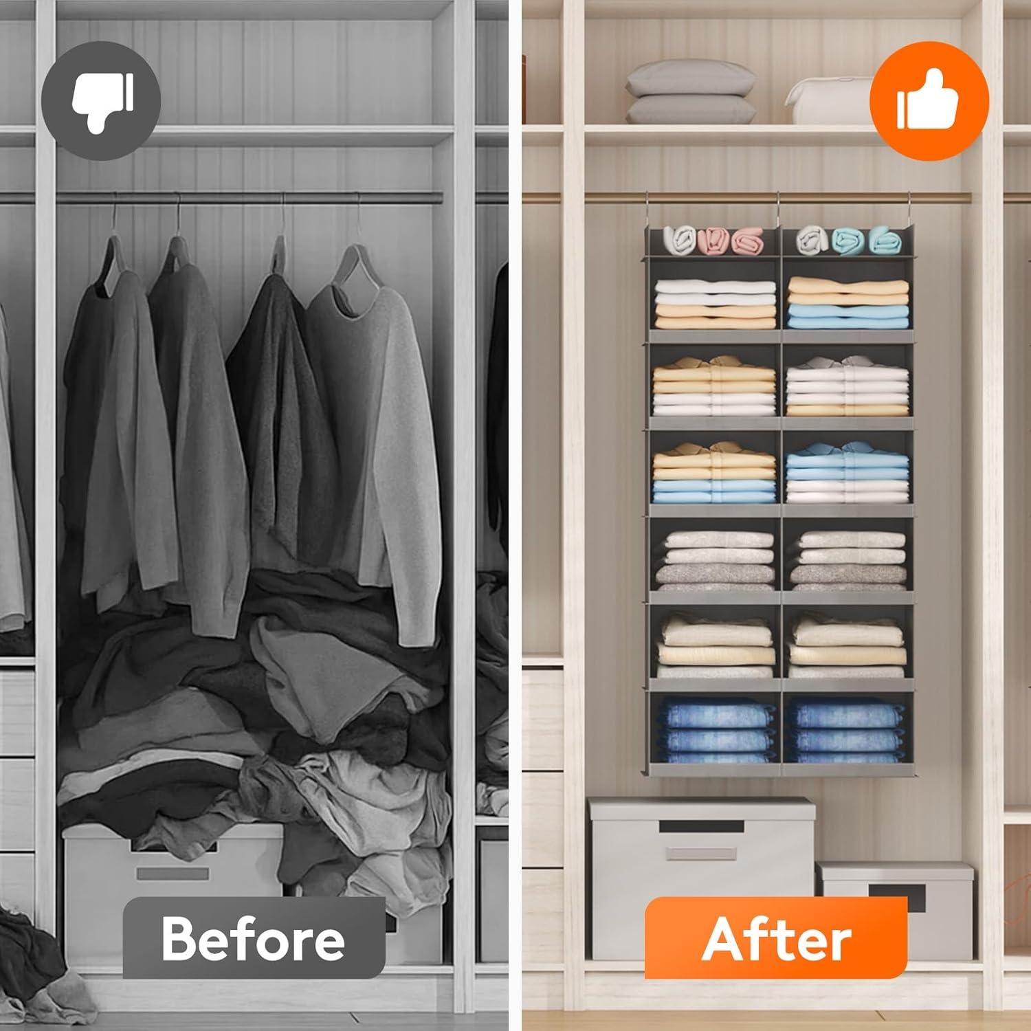 image:imageLifewit DualRow Shelf Hanging Closet Organizer and Storage Clothes Shelves with 3 Sturdy Hooks for Clothing Organization Foldable Container Hold Up to 36 Sweaters 6 Tier 12 Sections GrayGrey