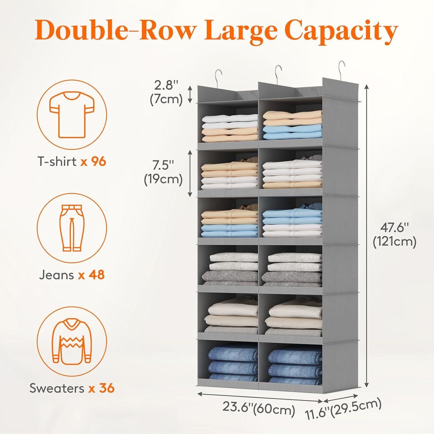 image:imageLifewit DualRow Shelf Hanging Closet Organizer and Storage Clothes Shelves with 3 Sturdy Hooks for Clothing Organization Foldable Container Hold Up to 36 Sweaters 6 Tier 12 Sections GrayLight Gray