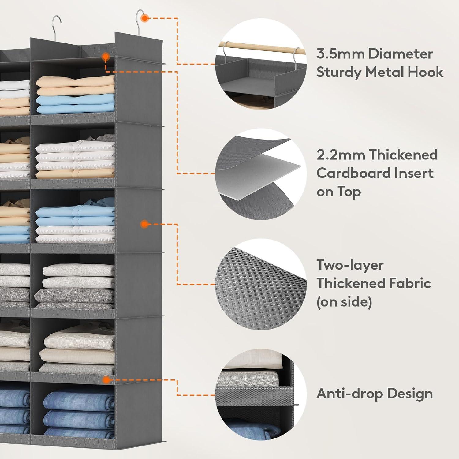 image:imageLifewit DualRow Shelf Hanging Closet Organizer and Storage Clothes Shelves with 3 Sturdy Hooks for Clothing Organization Foldable Container Hold Up to 36 Sweaters 6 Tier 12 Sections GrayGrey