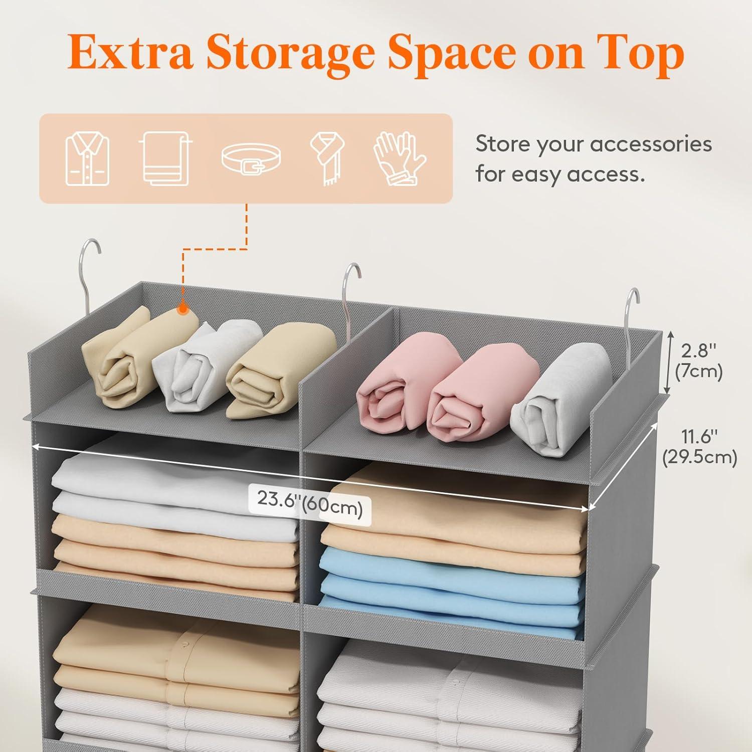 image:imageLifewit DualRow Shelf Hanging Closet Organizer and Storage Clothes Shelves with 3 Sturdy Hooks for Clothing Organization Foldable Container Hold Up to 36 Sweaters 6 Tier 12 Sections GrayLight Gray