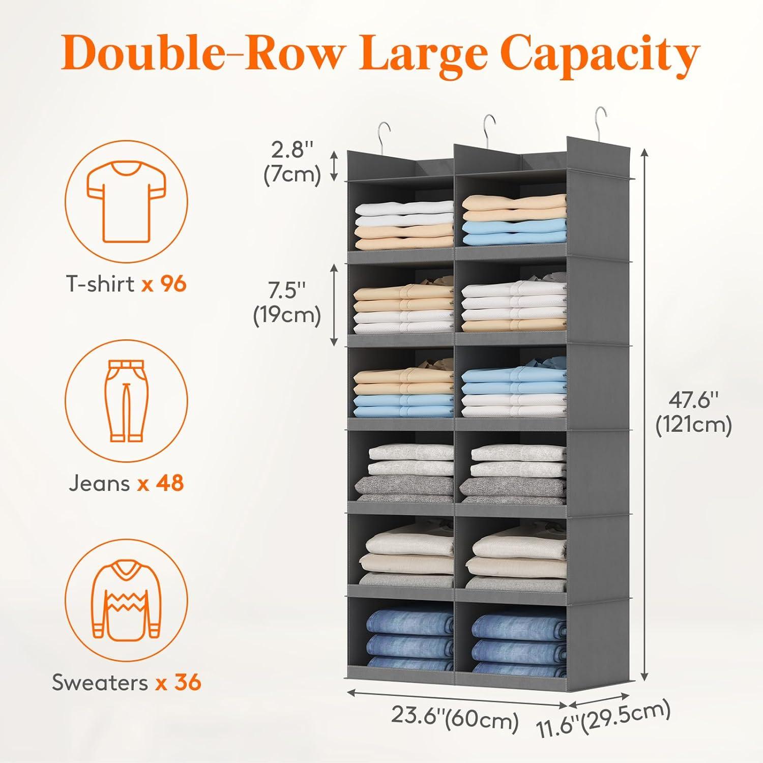 image:imageLifewit DualRow Shelf Hanging Closet Organizer and Storage Clothes Shelves with 3 Sturdy Hooks for Clothing Organization Foldable Container Hold Up to 36 Sweaters 6 Tier 12 Sections GrayGrey