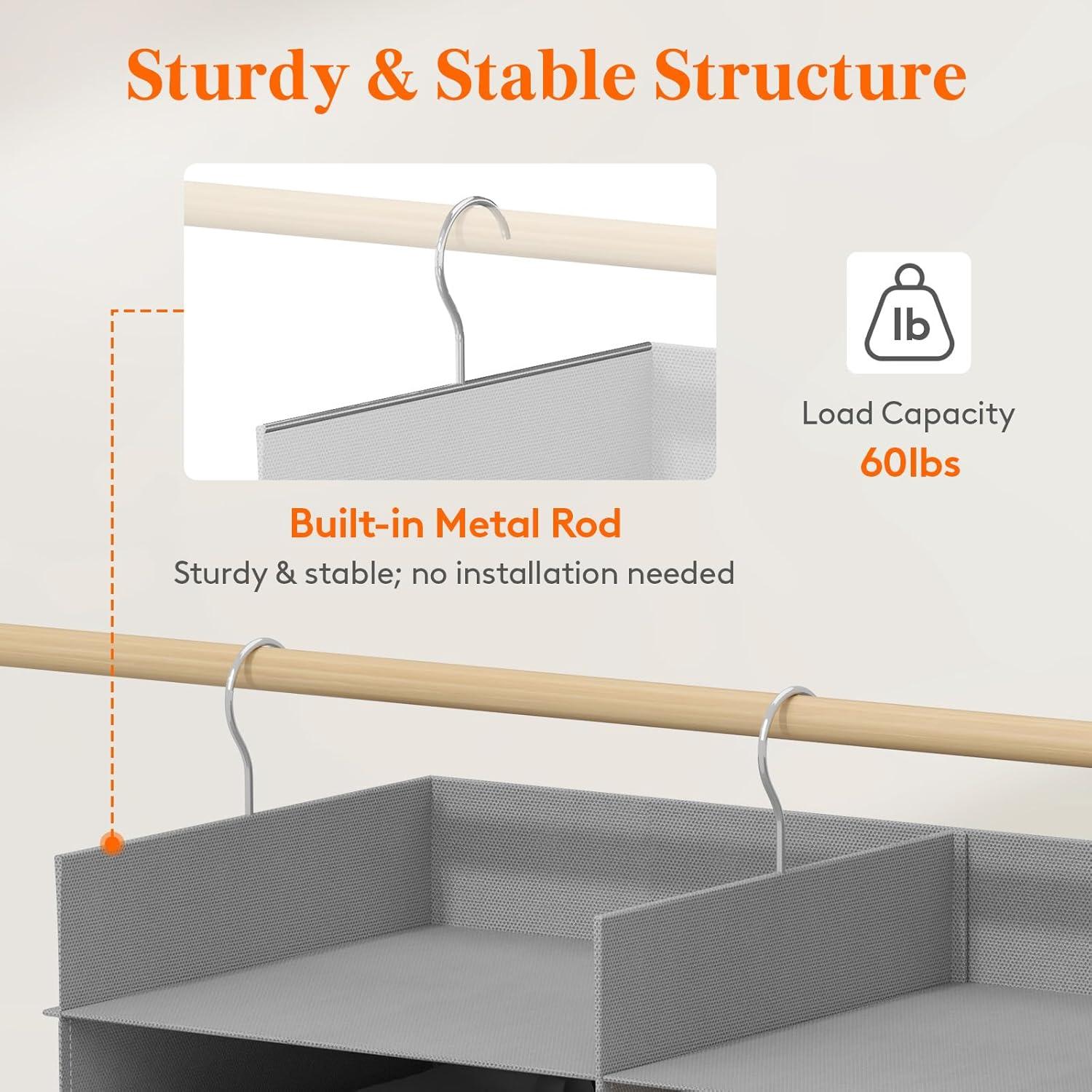 image:imageLifewit DualRow Shelf Hanging Closet Organizer and Storage Clothes Shelves with 3 Sturdy Hooks for Clothing Organization Foldable Container Hold Up to 36 Sweaters 6 Tier 12 Sections GrayLight Gray