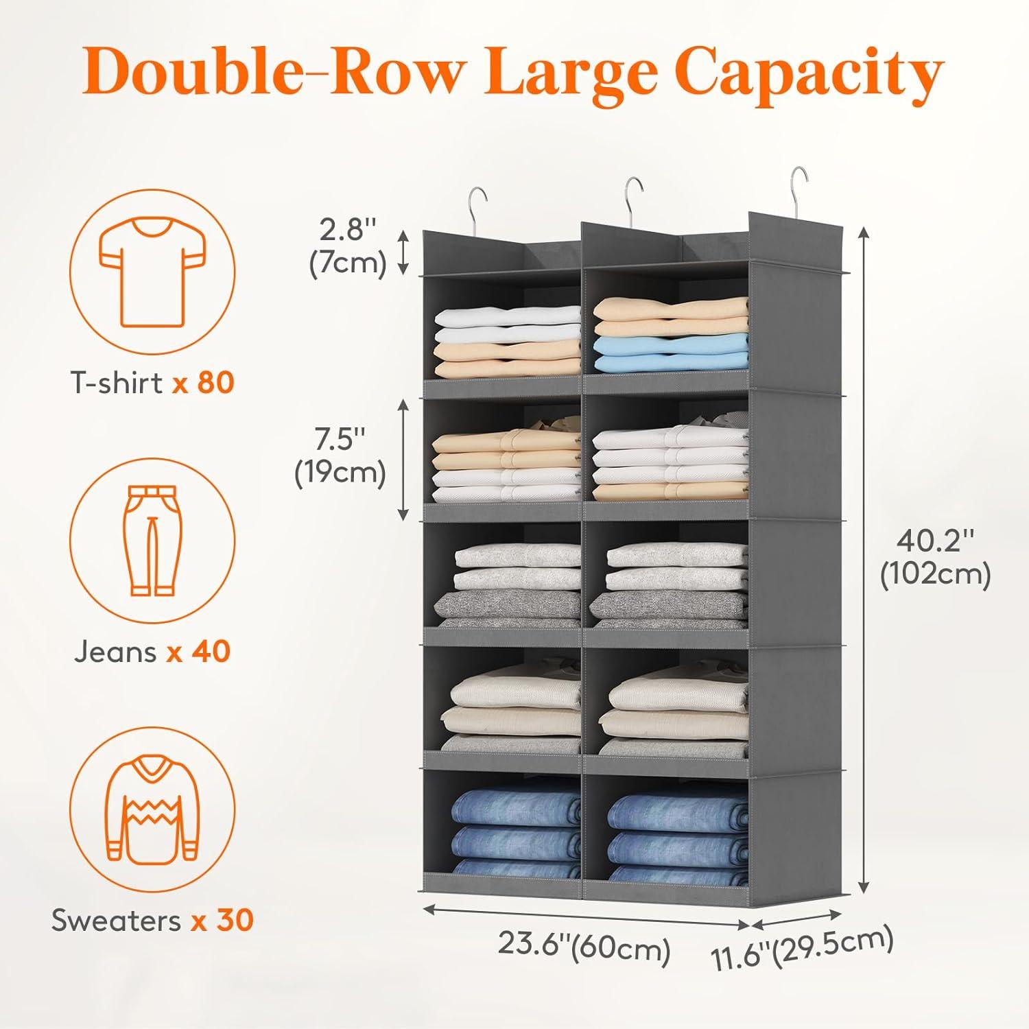 image:imageLifewit DualRow Shelf Hanging Closet Organizer and Storage Clothes Shelves with 3 Sturdy Hooks for Clothing Organization Foldable Container Hold Up to 36 Sweaters 6 Tier 12 Sections GrayGrey