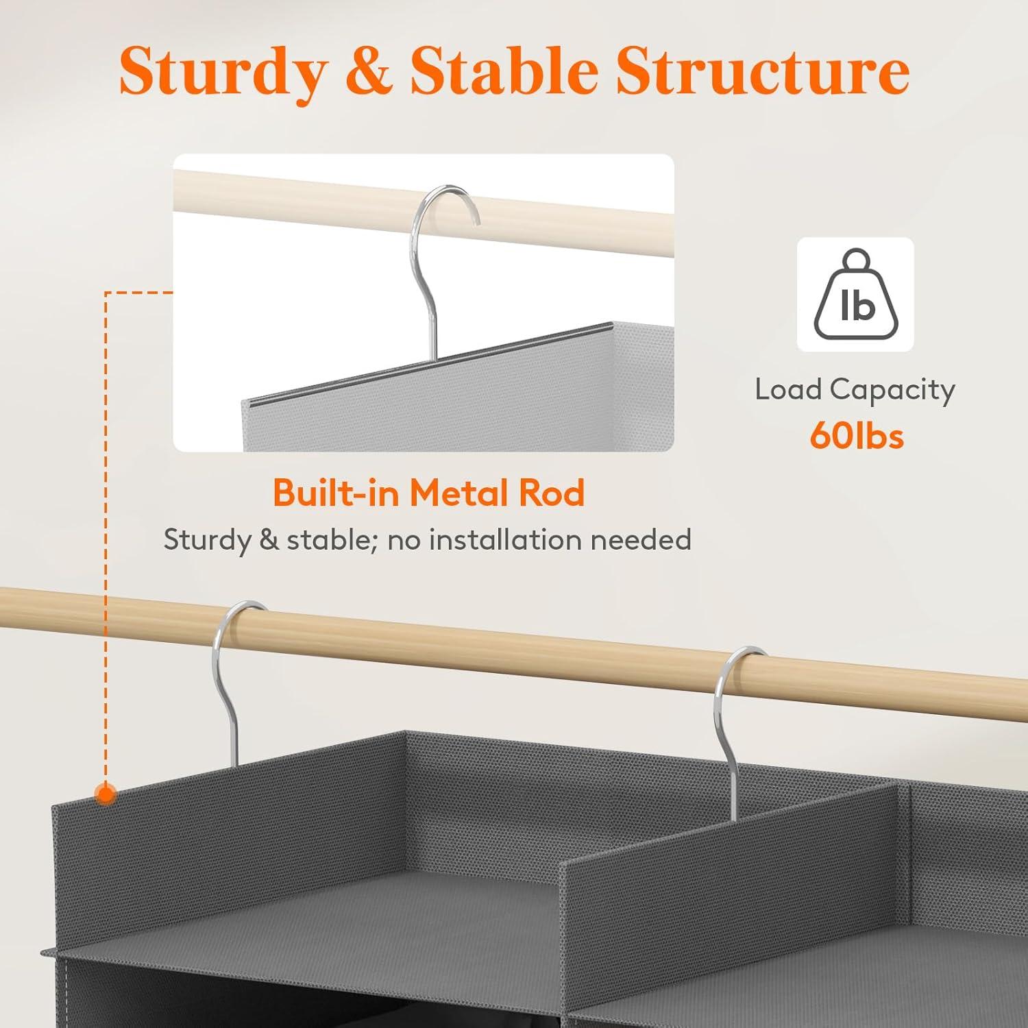 image:imageLifewit DualRow Shelf Hanging Closet Organizer and Storage Clothes Shelves with 3 Sturdy Hooks for Clothing Organization Foldable Container Hold Up to 36 Sweaters 6 Tier 12 Sections GrayGrey