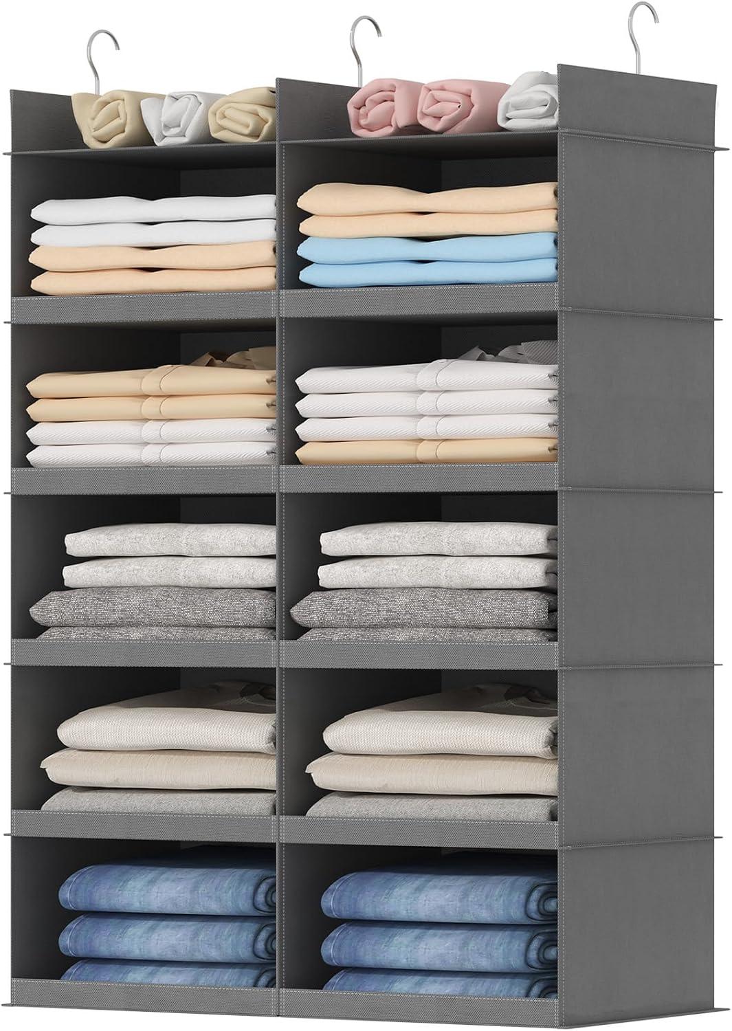 image:imageLifewit DualRow Shelf Hanging Closet Organizer and Storage Clothes Shelves with 3 Sturdy Hooks for Clothing Organization Foldable Container Hold Up to 36 Sweaters 6 Tier 12 Sections GrayGrey