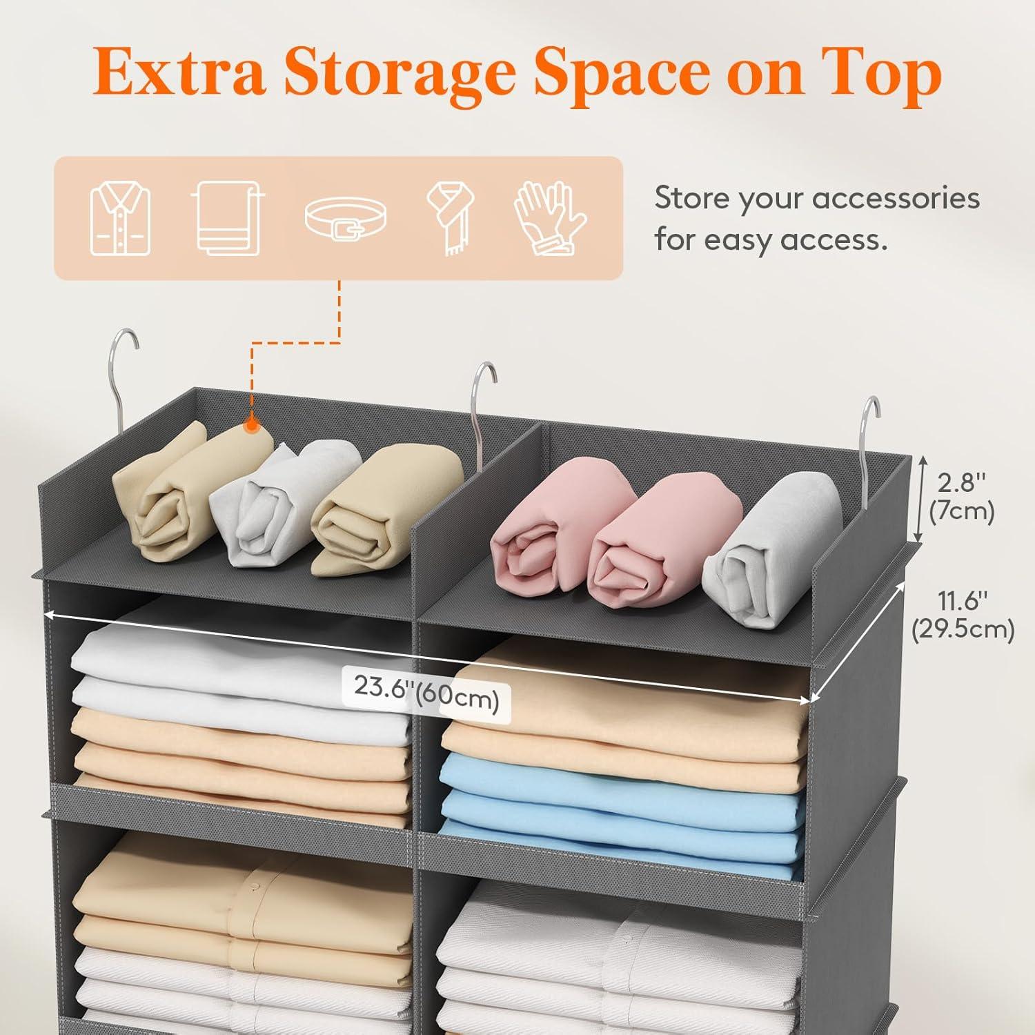 image:imageLifewit DualRow Shelf Hanging Closet Organizer and Storage Clothes Shelves with 3 Sturdy Hooks for Clothing Organization Foldable Container Hold Up to 36 Sweaters 6 Tier 12 Sections GrayGrey