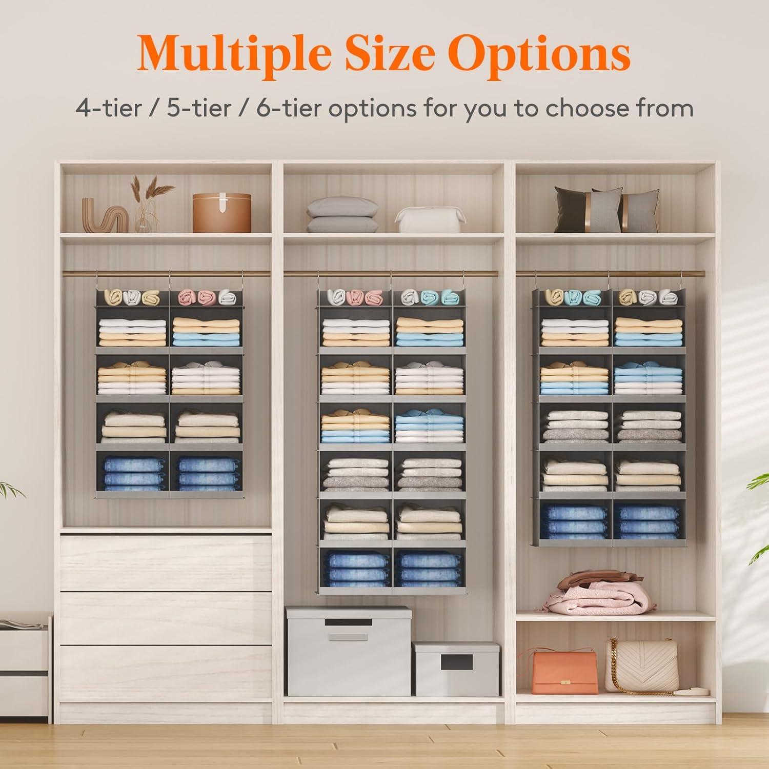 image:imageLifewit DualRow Shelf Hanging Closet Organizer and Storage Clothes Shelves with 3 Sturdy Hooks for Clothing Organization Foldable Container Hold Up to 36 Sweaters 6 Tier 12 Sections GrayLight Gray