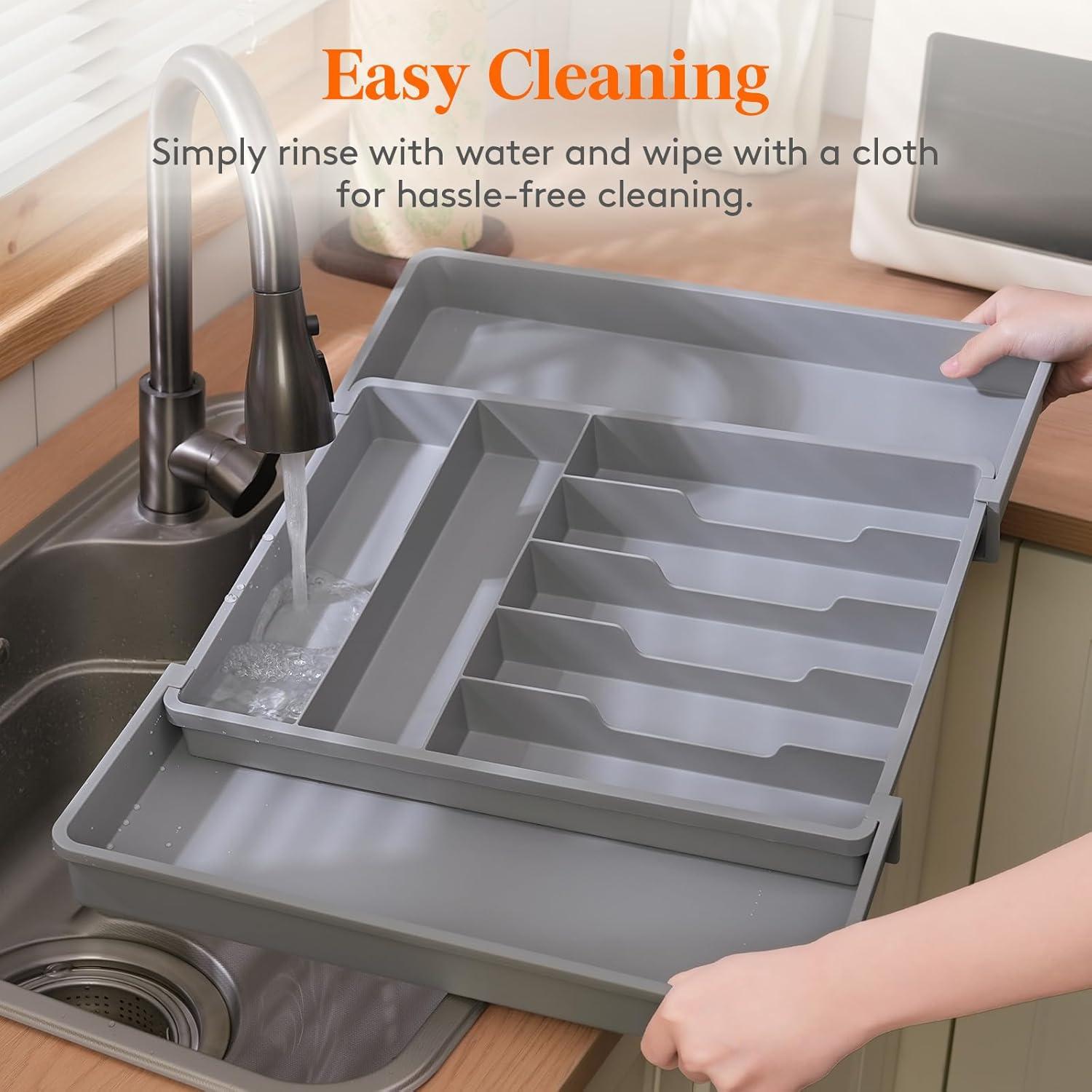 image:imageLifewit Expandable Silverware Drawer Organizer 167 inches Deep Adjustable Utensil Cutlery Tray for kitchen Plastic Flatware Spoon Fork Knives Holder Storage Divider 7 Compartment 2 Pack GrayGray