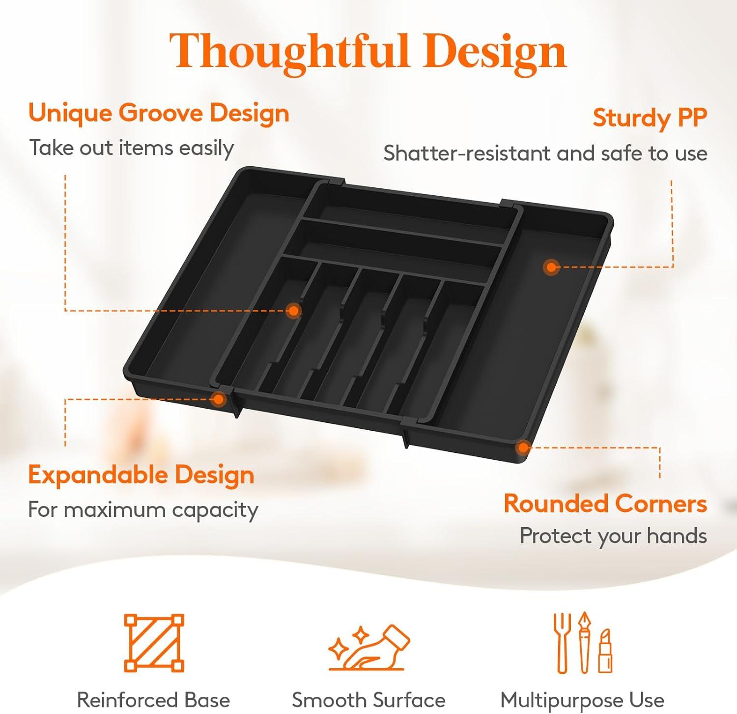 image:imageLifewit Expandable Silverware Drawer Organizer 167 inches Deep Adjustable Utensil Cutlery Tray for kitchen Plastic Flatware Spoon Fork Knives Holder Storage Divider 7 Compartment 2 Pack GrayBlack