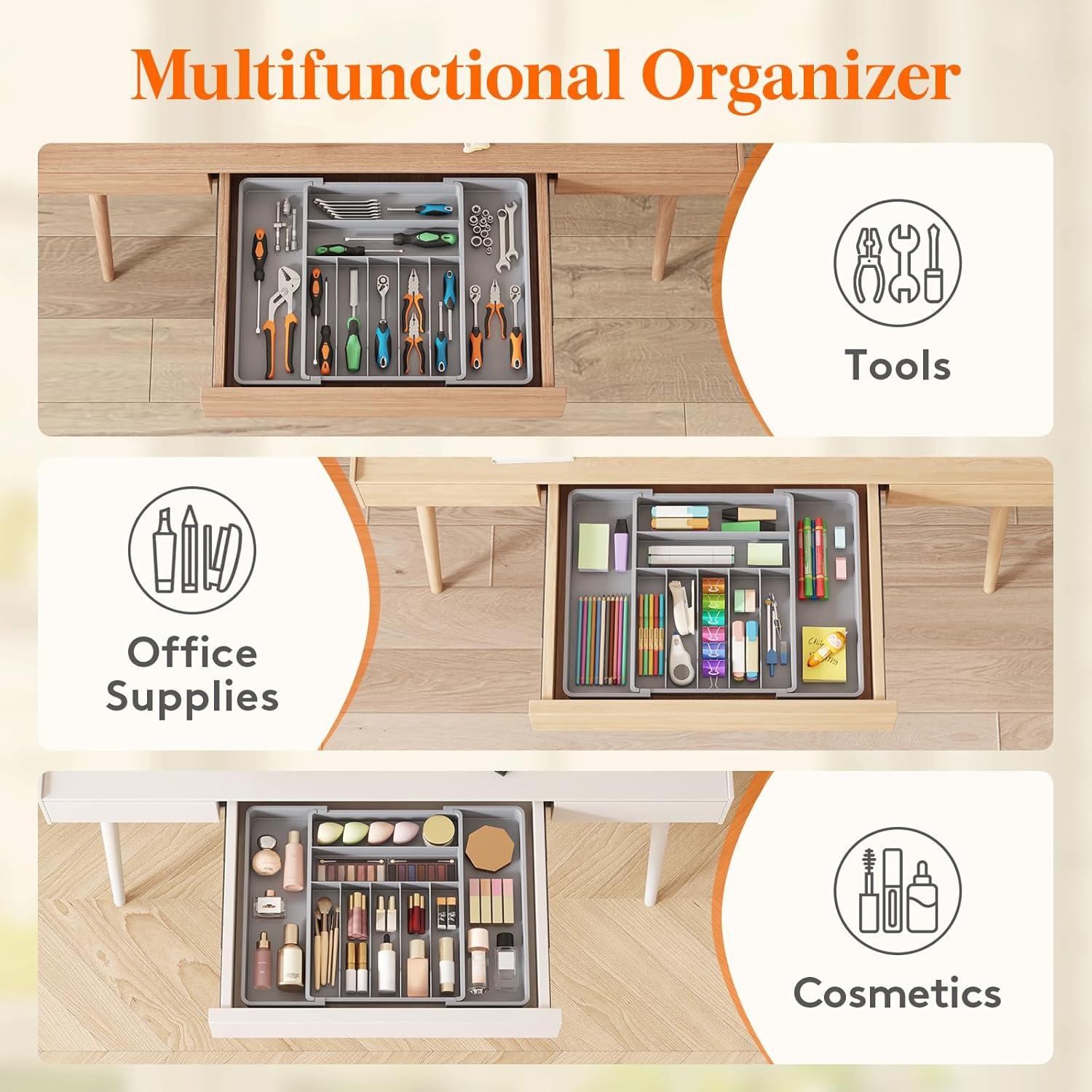 image:imageLifewit Expandable Silverware Drawer Organizer 167 inches Deep Adjustable Utensil Cutlery Tray for kitchen Plastic Flatware Spoon Fork Knives Holder Storage Divider 7 Compartment 2 Pack GrayGray
