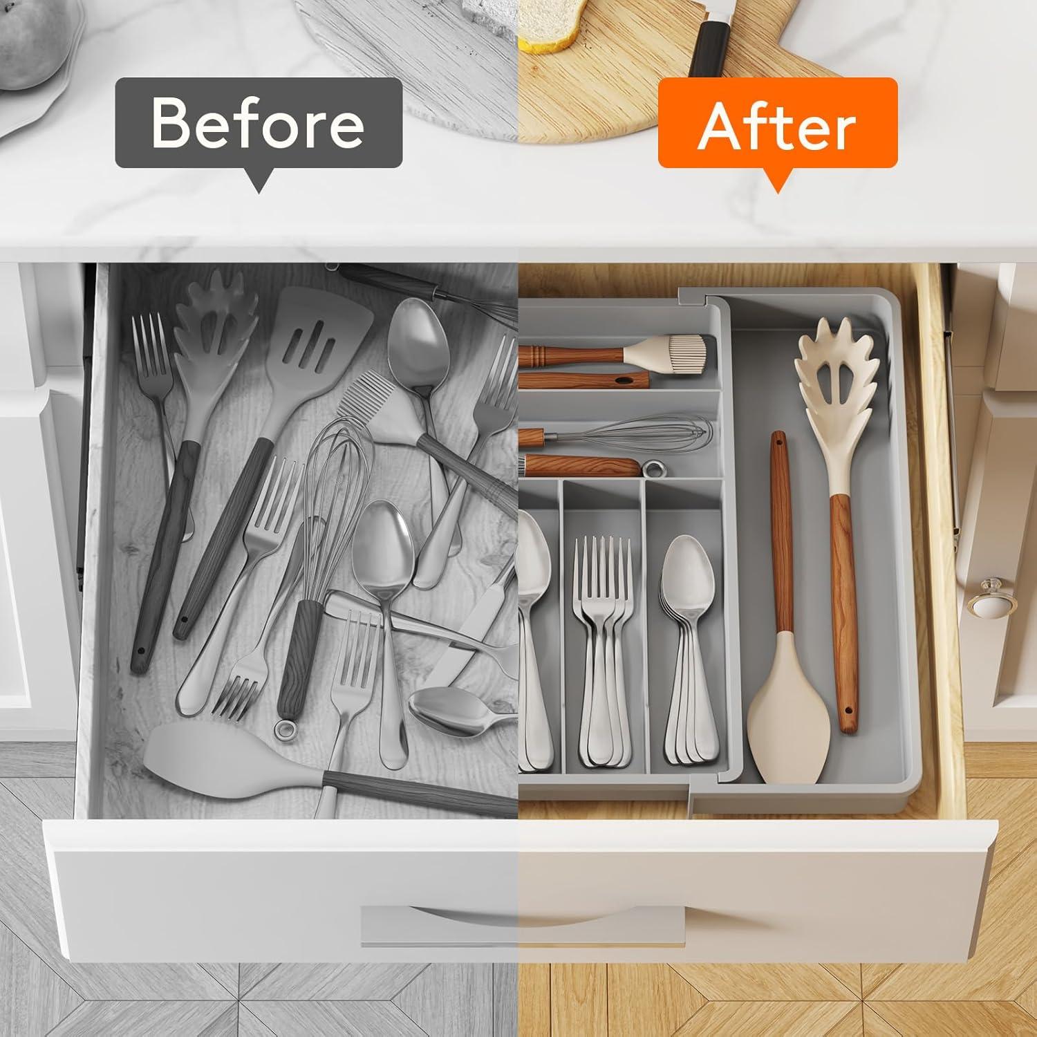 image:imageLifewit Expandable Silverware Drawer Organizer 167 inches Deep Adjustable Utensil Cutlery Tray for kitchen Plastic Flatware Spoon Fork Knives Holder Storage Divider 7 Compartment 2 Pack GrayGray