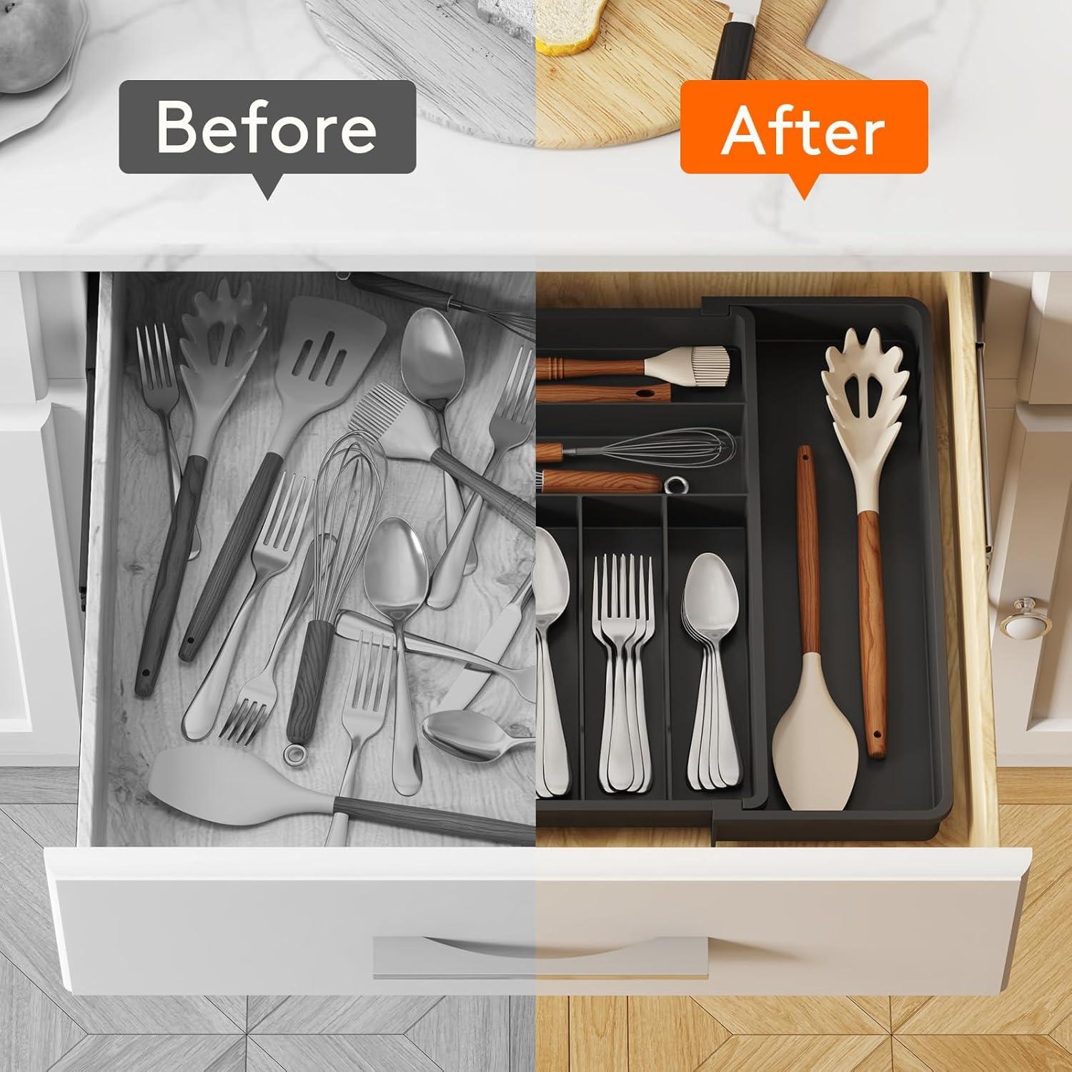 image:imageLifewit Expandable Silverware Drawer Organizer 167 inches Deep Adjustable Utensil Cutlery Tray for kitchen Plastic Flatware Spoon Fork Knives Holder Storage Divider 7 Compartment 2 Pack GrayBlack