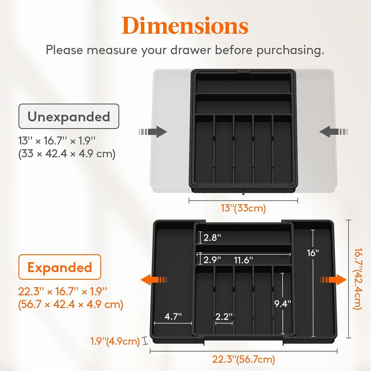 image:imageLifewit Expandable Silverware Drawer Organizer 167 inches Deep Adjustable Utensil Cutlery Tray for kitchen Plastic Flatware Spoon Fork Knives Holder Storage Divider 7 Compartment 2 Pack GrayBlack