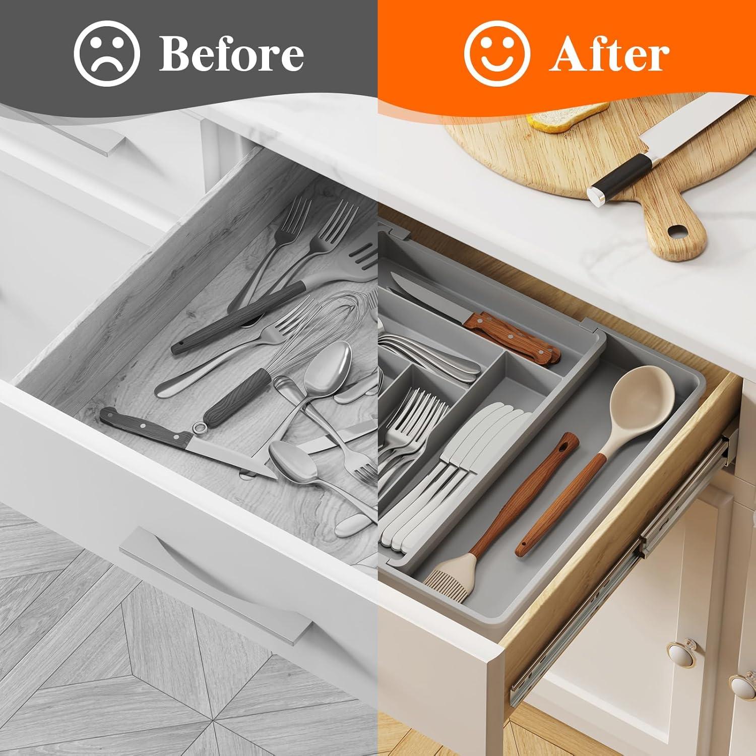 image:imageLifewit Expandable Silverware Drawer Organizer Adjustable Utensil Cutlery Tray for kitchen Plastic Flatware Spoon Fork Knives Holder Storage Divider 2 Pack GrayGray