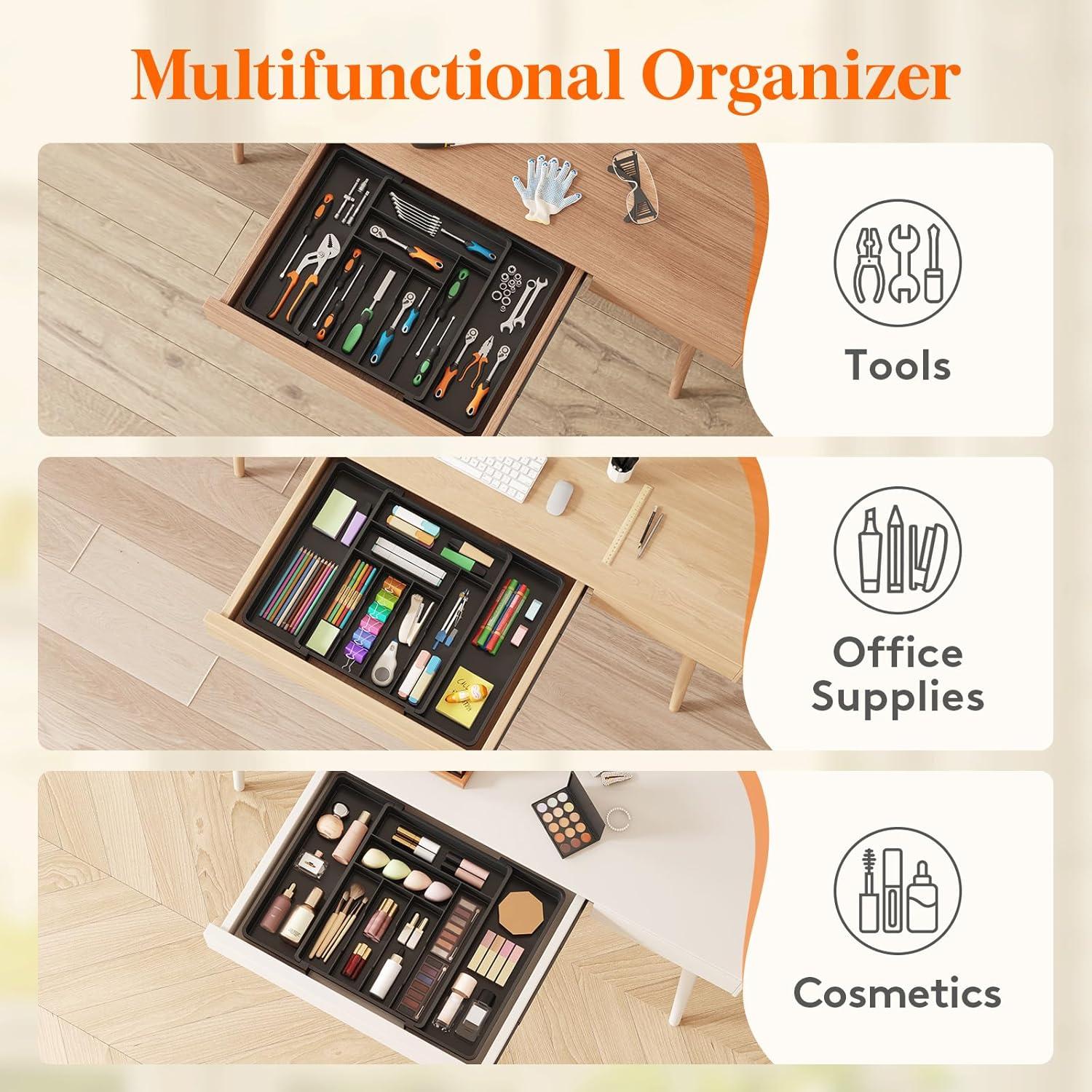 image:imageLifewit Expandable Silverware Drawer Organizer Adjustable Utensil Cutlery Tray for kitchen Plastic Flatware Spoon Fork Knives Holder Storage Divider 2 Pack GrayBlack