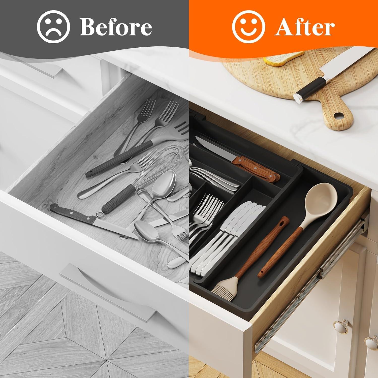 image:imageLifewit Expandable Silverware Drawer Organizer Adjustable Utensil Cutlery Tray for kitchen Plastic Flatware Spoon Fork Knives Holder Storage Divider 2 Pack GrayBlack