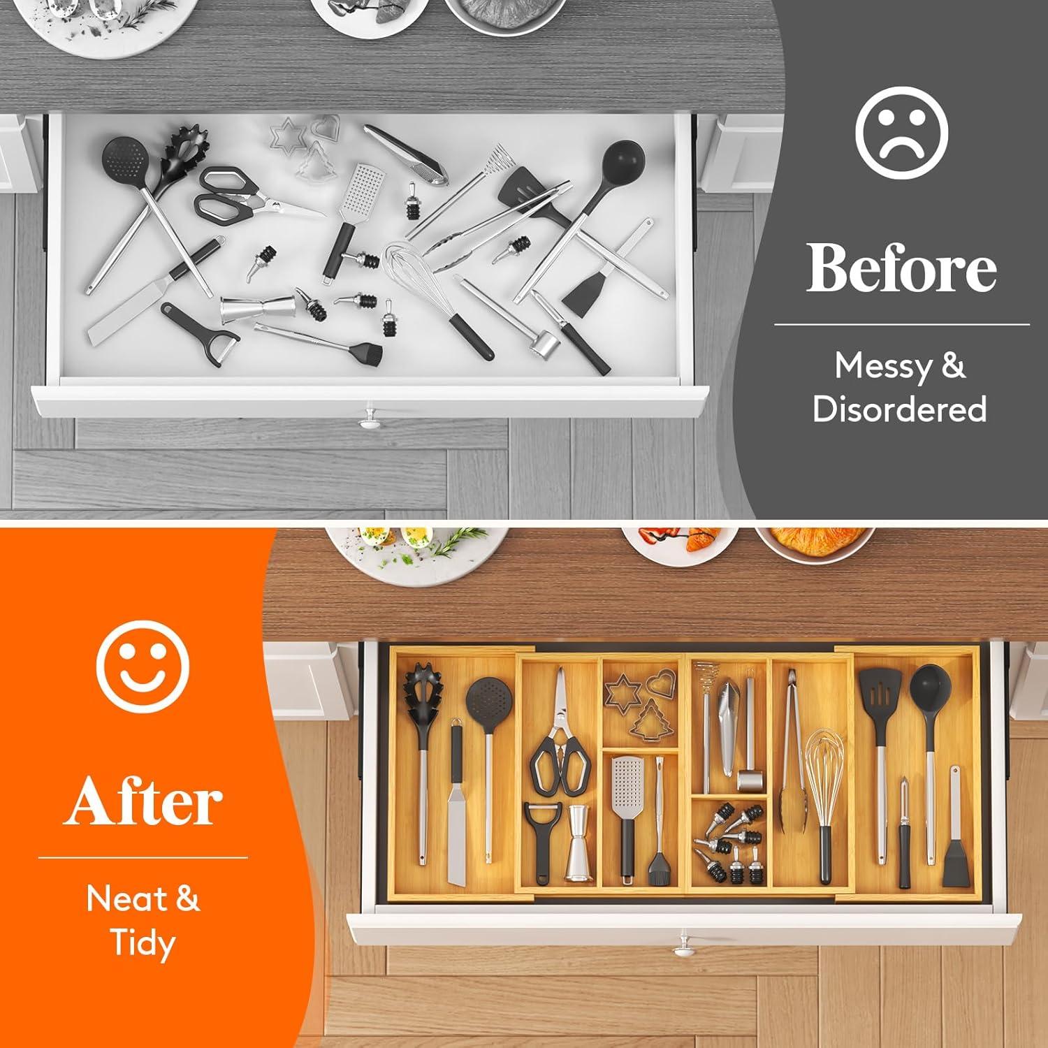 image:imageLifewit Expandable Utensil Organizer for Kitchen Drawer Adjustable Cooking Silverware Tray Plastic Cutlery Flatware Holder Spatula Tools Gadgets Storage Divider 2136 x 16 Bamboo NaturalNatural