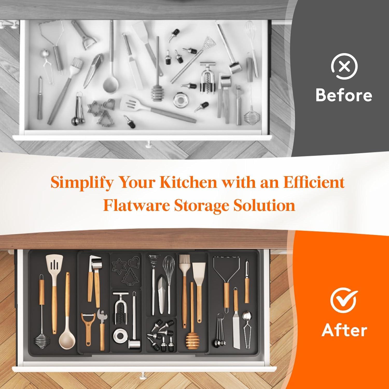 image:imageLifewit Expandable Utensil Organizer for Kitchen Drawer Adjustable Cooking Silverware Tray Plastic Cutlery Flatware Holder Spatula Tools Gadgets Storage Divider 2136 x 16 Bamboo NaturalBlack