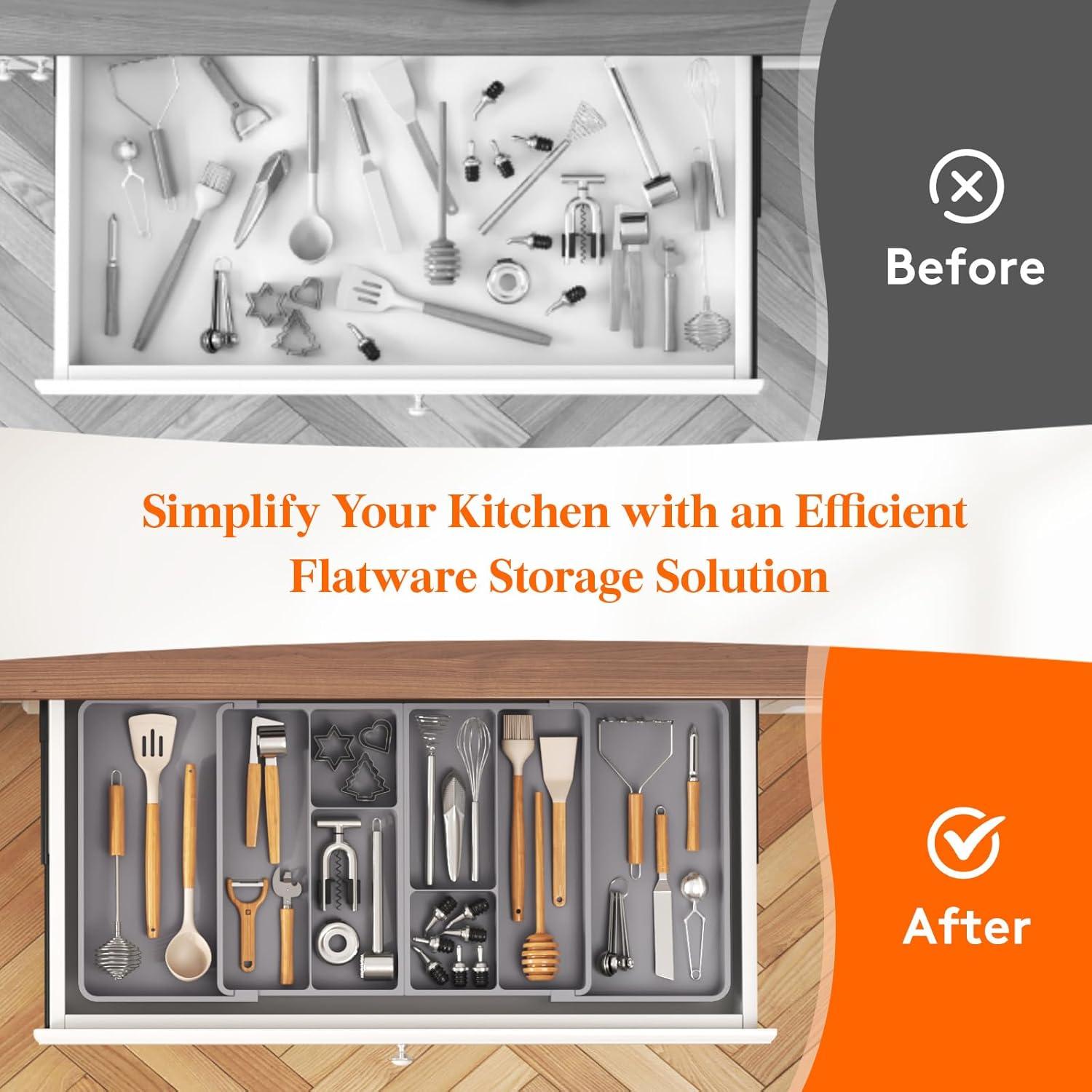 image:imageLifewit Expandable Utensil Organizer for Kitchen Drawer Adjustable Cooking Silverware Tray Plastic Cutlery Flatware Holder Spatula Tools Gadgets Storage Divider 2136 x 16 Bamboo NaturalGray