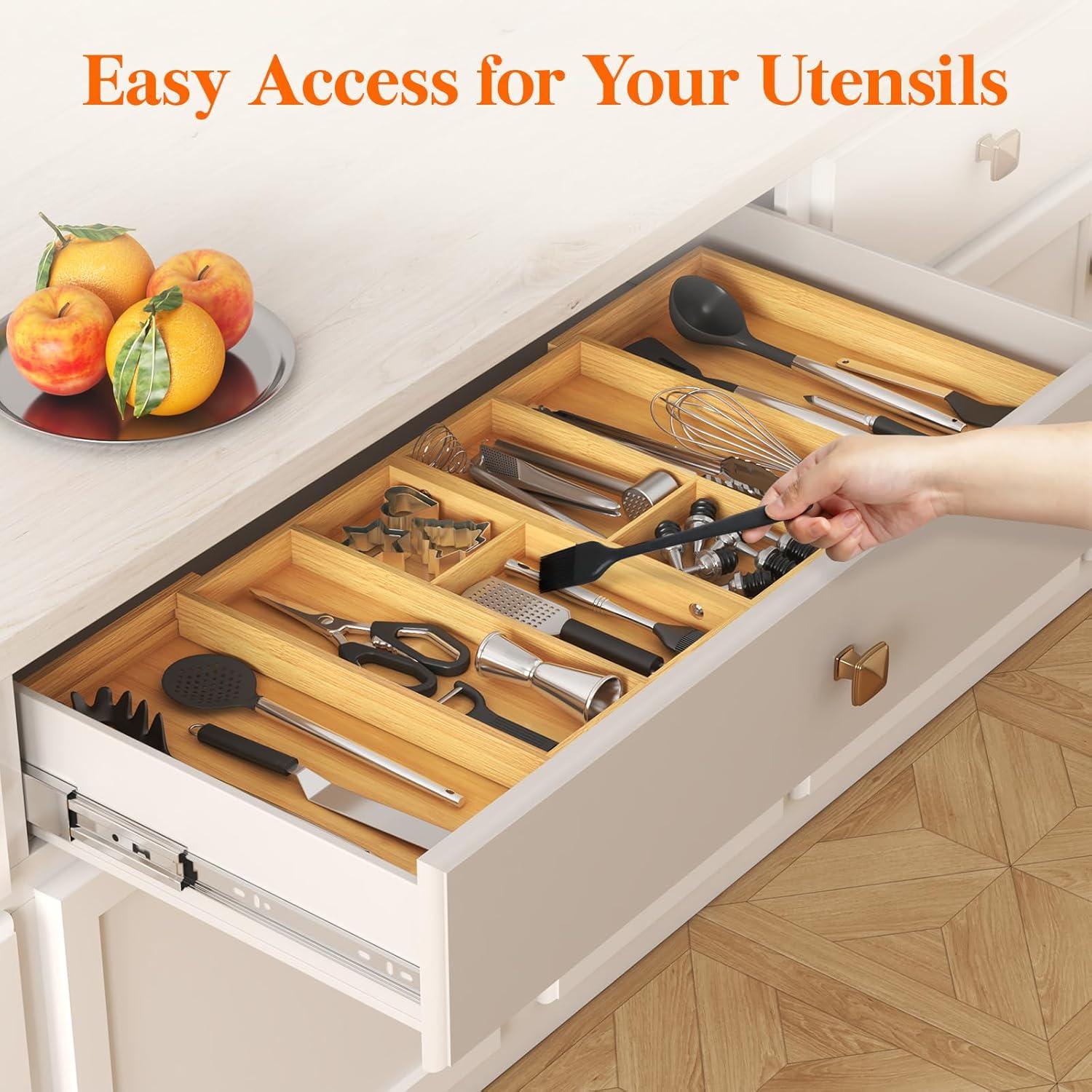 image:imageLifewit Expandable Utensil Organizer for Kitchen Drawer Adjustable Cooking Silverware Tray Plastic Cutlery Flatware Holder Spatula Tools Gadgets Storage Divider 2136 x 16 Bamboo NaturalNatural