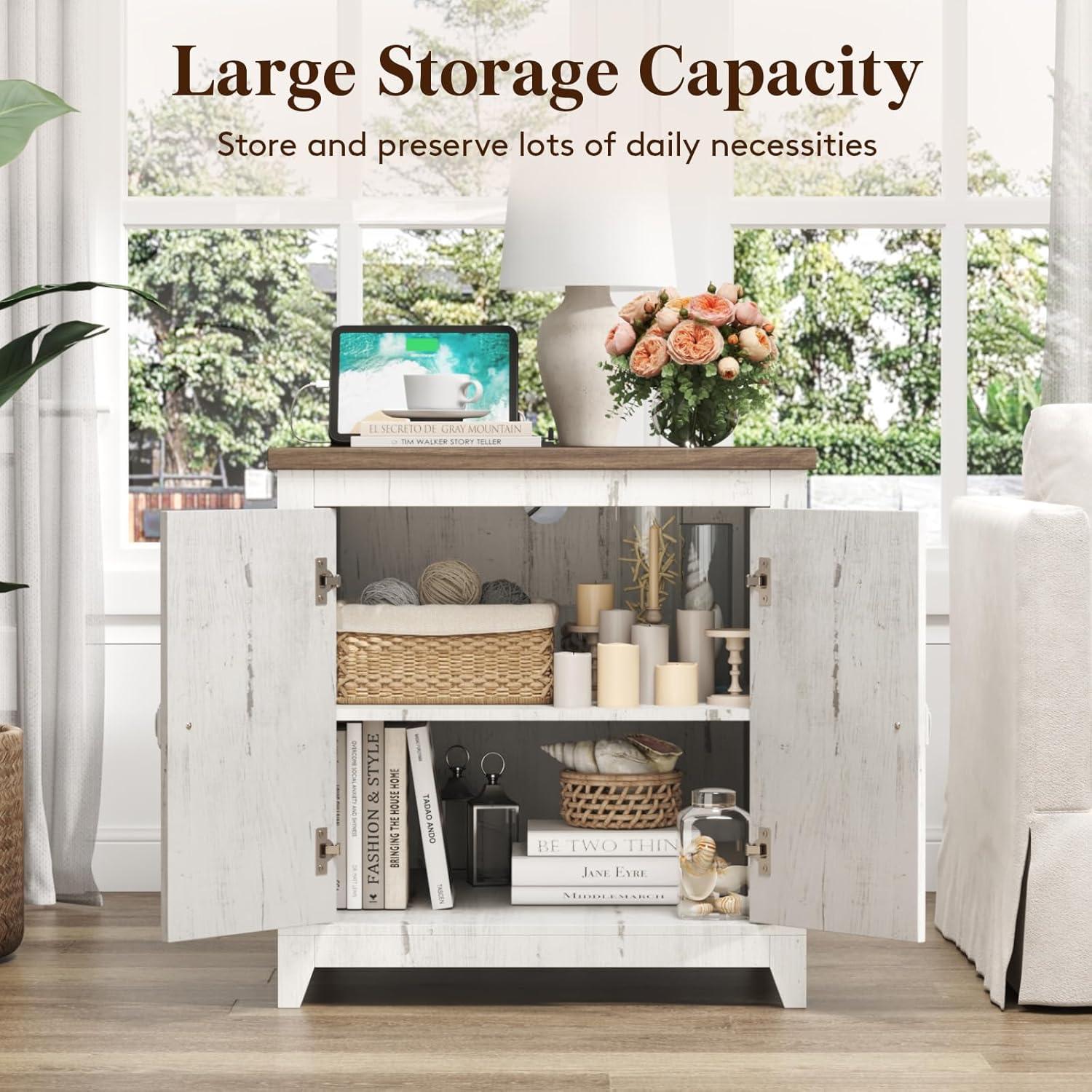 image:imageLifewit Farmhouse End Table with Charging Station and USB Ports Large Tabletop Side Table with Double Barn Doors Wood Square Nightstand for Living Room Office Bedroom Hold 110lbs Rustic White