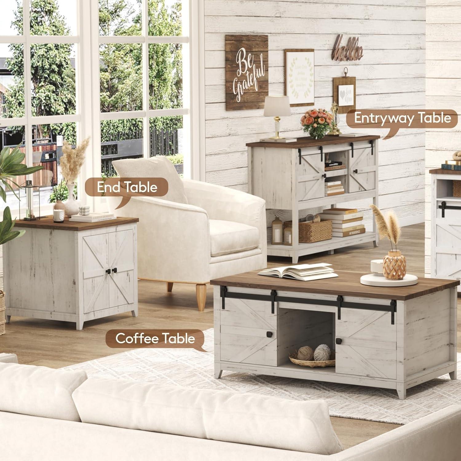 image:imageLifewit Farmhouse End Table with Charging Station and USB Ports Large Tabletop Side Table with Double Barn Doors Wood Square Nightstand for Living Room Office Bedroom Hold 110lbs Rustic White