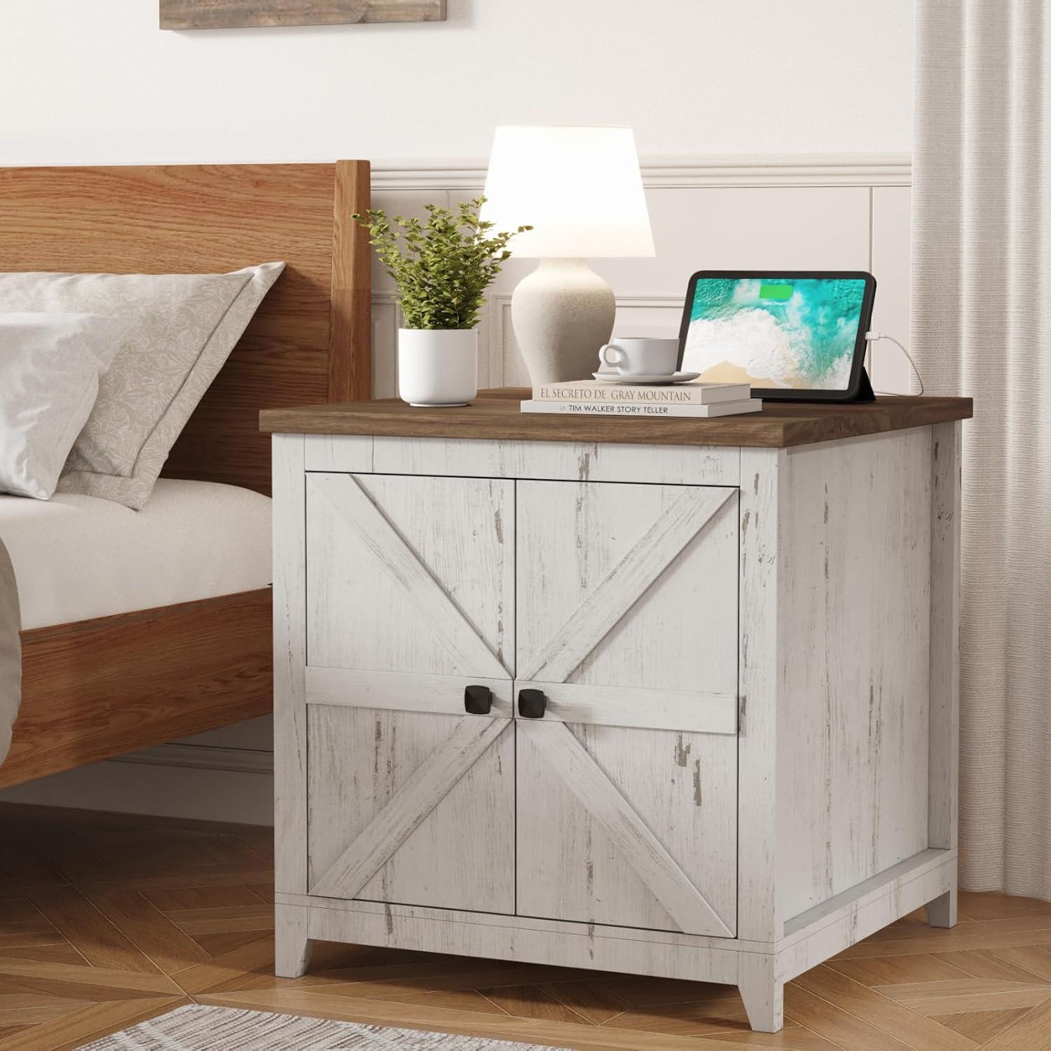 image:imageLifewit Farmhouse End Table with Charging Station and USB Ports Large Tabletop Side Table with Double Barn Doors Wood Square Nightstand for Living Room Office Bedroom Hold 110lbs Rustic White