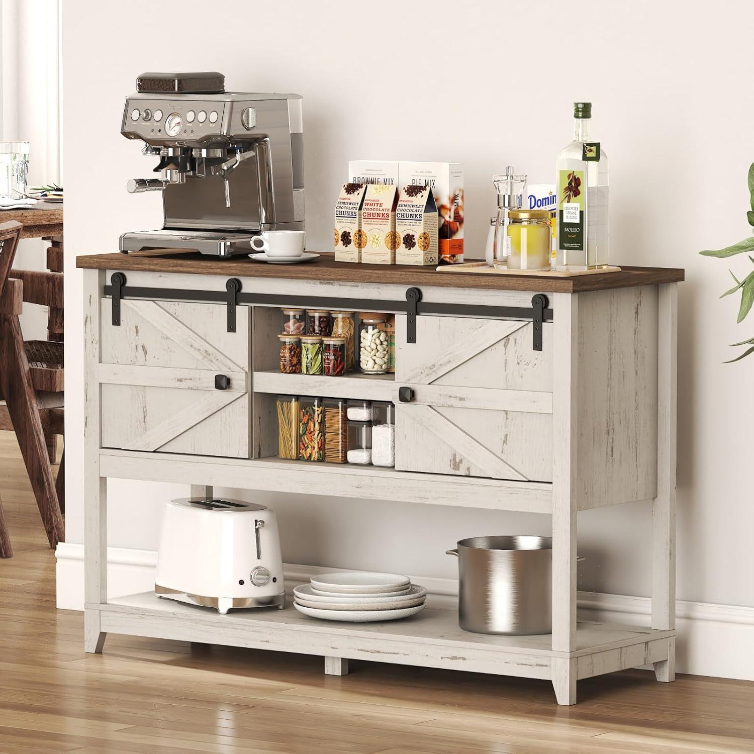 image:imageLifewit Farmhouse Entryway Console Table Adjustable Shelf Sliding Barn Doors Hallway Table with Bottom Open Shelf for Entrance Living Room Foyer Hold 130lbs Rustic White 47 x 157 x 32