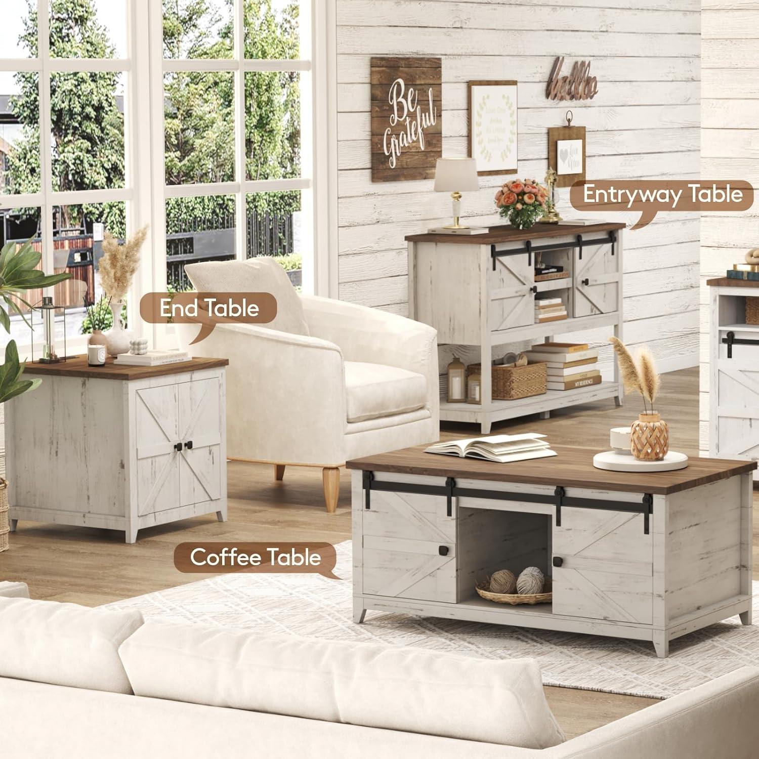 image:imageLifewit Farmhouse Entryway Console Table Adjustable Shelf Sliding Barn Doors Hallway Table with Bottom Open Shelf for Entrance Living Room Foyer Hold 130lbs Rustic White 47 x 157 x 32