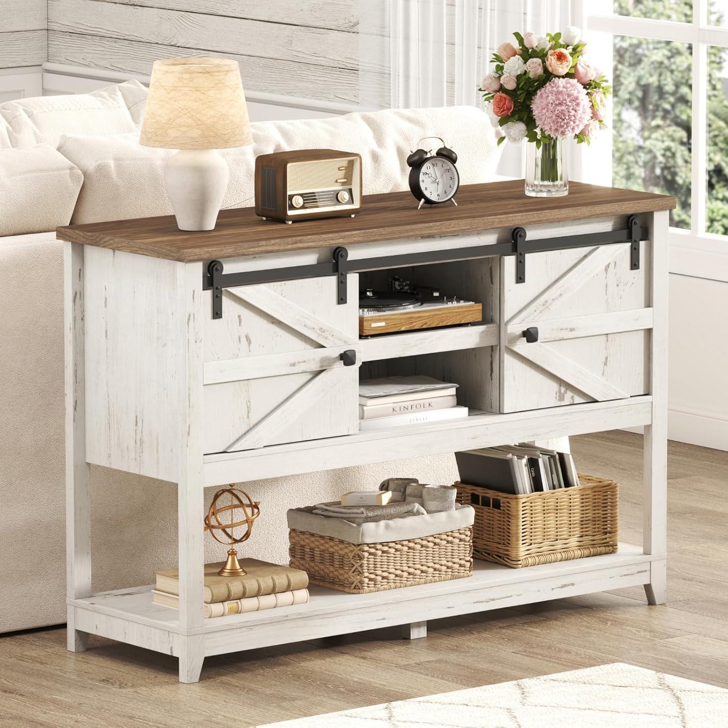 image:imageLifewit Farmhouse Entryway Console Table Adjustable Shelf Sliding Barn Doors Hallway Table with Bottom Open Shelf for Entrance Living Room Foyer Hold 130lbs Rustic White 47 x 157 x 32